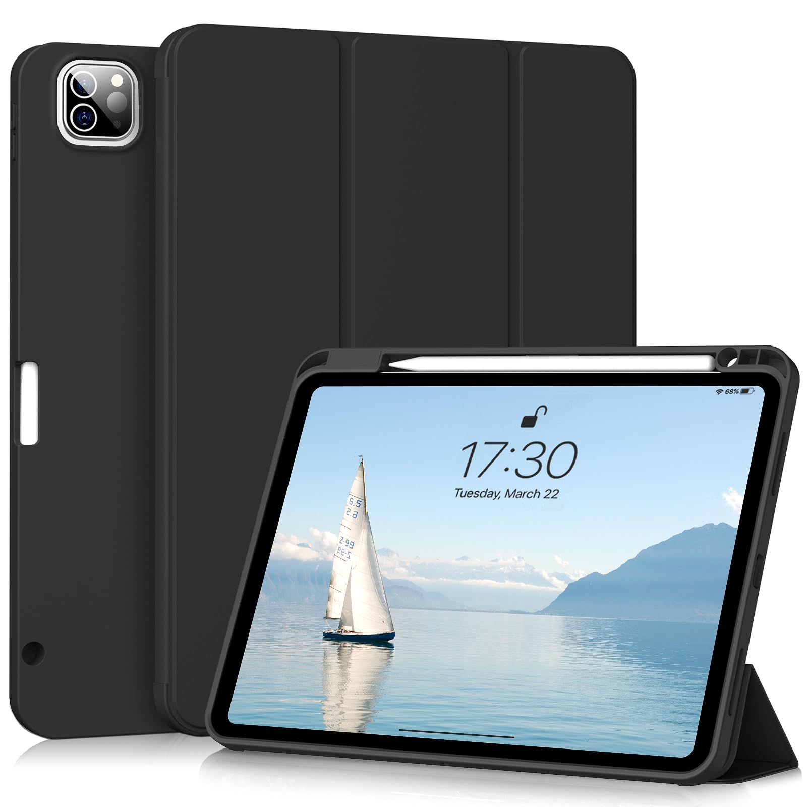 Premium Trifold Stand Case for iPad Pro 12.9 Inch (6th/5th/4th/3rd Gen 2022-2018) - Slim Protective Cover with Pencil Holder, Auto Sleep/Wake & Soft TPU Back - Perfect for Work, Study & Travel - Black