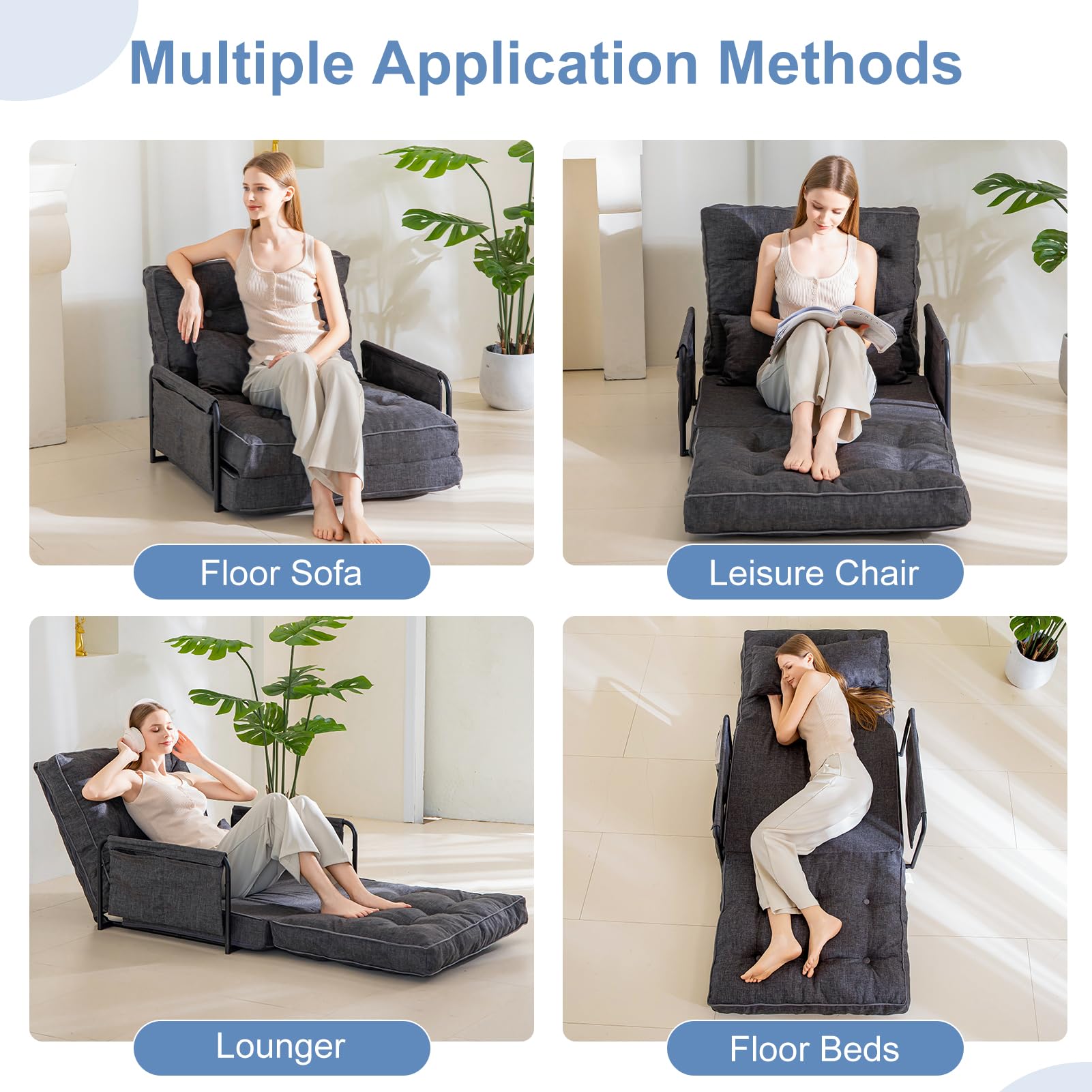MAXYOYO Adjustable Floor Sofa Bed - Convertible Folding Couch with Removable Pillows, Single Size Grey - Perfect for Small Spaces, Guest Rooms & Cozy Living Room Lounging