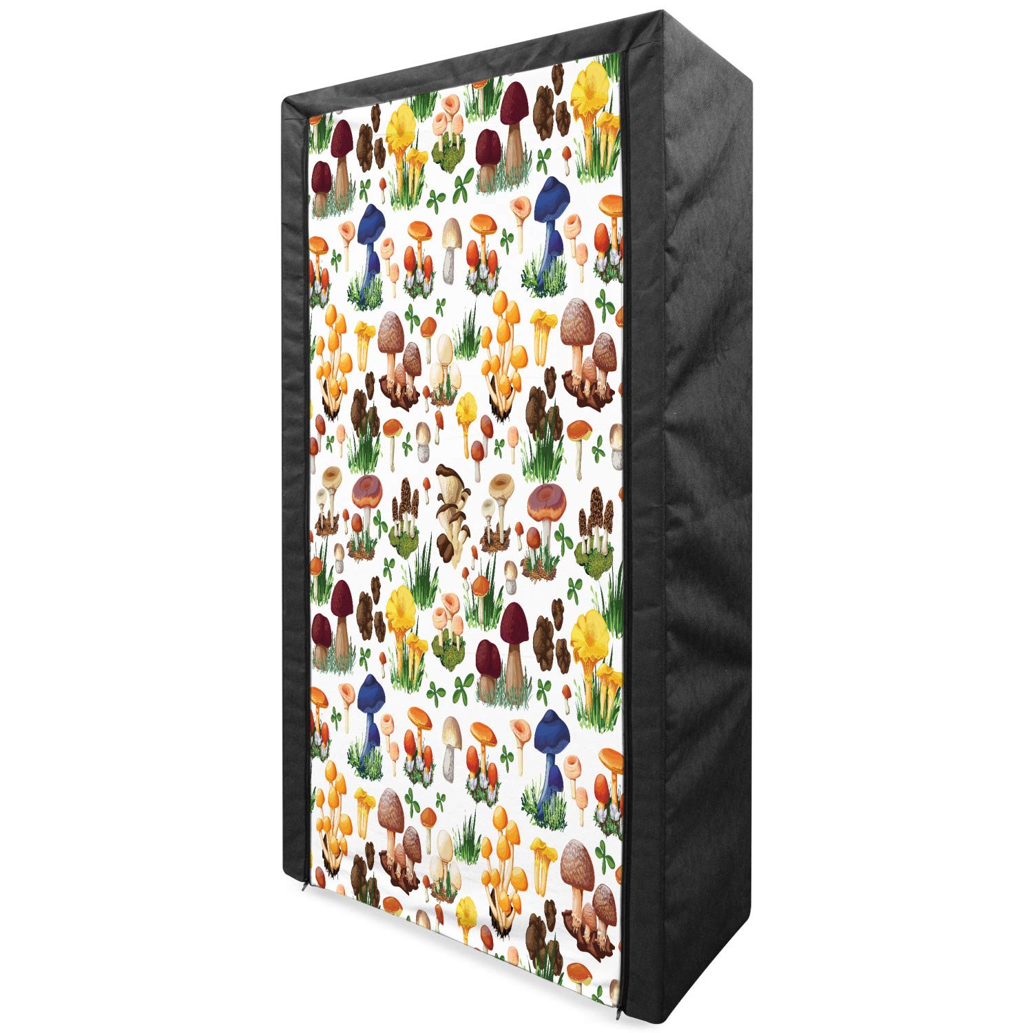 Ambesonne Mushroom Portable Fabric Wardrobe - Wild Mushroom Species Pattern, Natural Organic Garden Theme Clothing Organizer with Shelves, 33.5 Inch Multicolor Storage Closet - Perfect for Bedroom, Closet & Dorm Organization