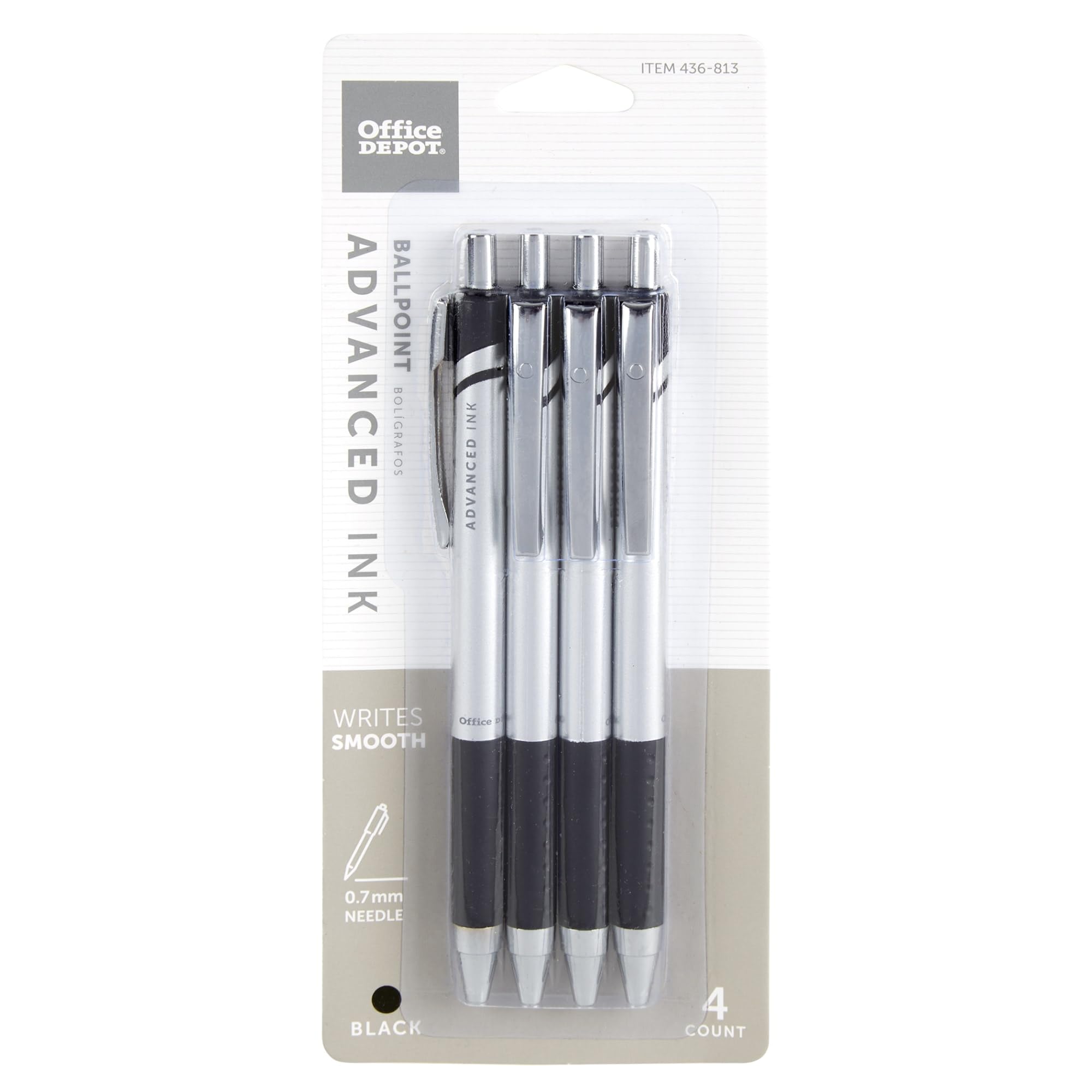 Office Depot Advanced Ink Retractable Ballpoint Pens - 0.7mm Needle Point Fine Writing Pens, Silver Barrel with Black Ink (4-Pack) for Office, School & Business Use