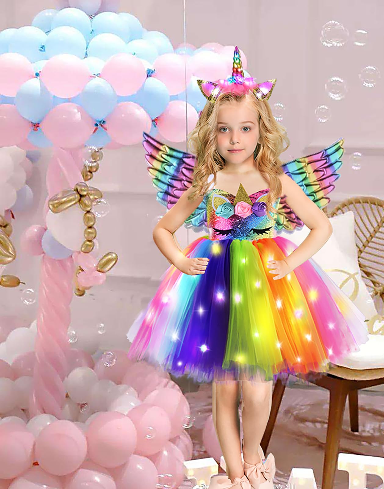 Sparkly Sequin Unicorn Princess Costume for Girls - Light Up Tutu Dress for Birthday Party, Halloween, Christmas & Special Occasions | Perfect Gift for Kids & Party Decorations