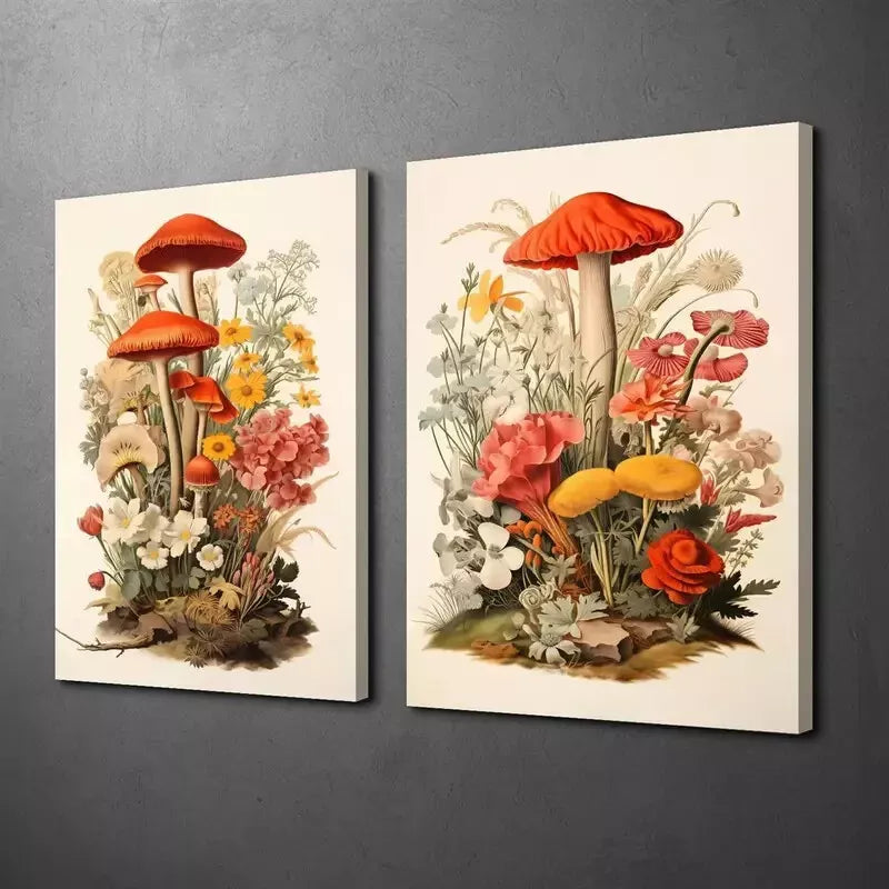 2-Piece Realistic Retro Mushroom & Floral Plant Canvas Wall Art - 50x75cm Framed High-Quality Print | 100% Australian Made | Ready to Hang | Perfect for Living Room, Bedroom & Office Decor