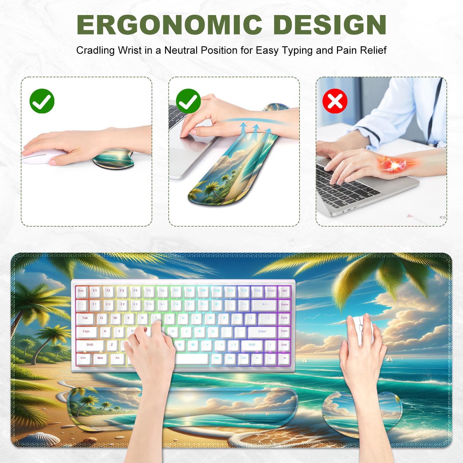 Large Extended Mouse Pad with Ergonomic Keyboard Wrist Rest - Non-Slip Desk Mat & Protector for Home Office - Perfect for Gaming, Work & Sunny Beach Decor