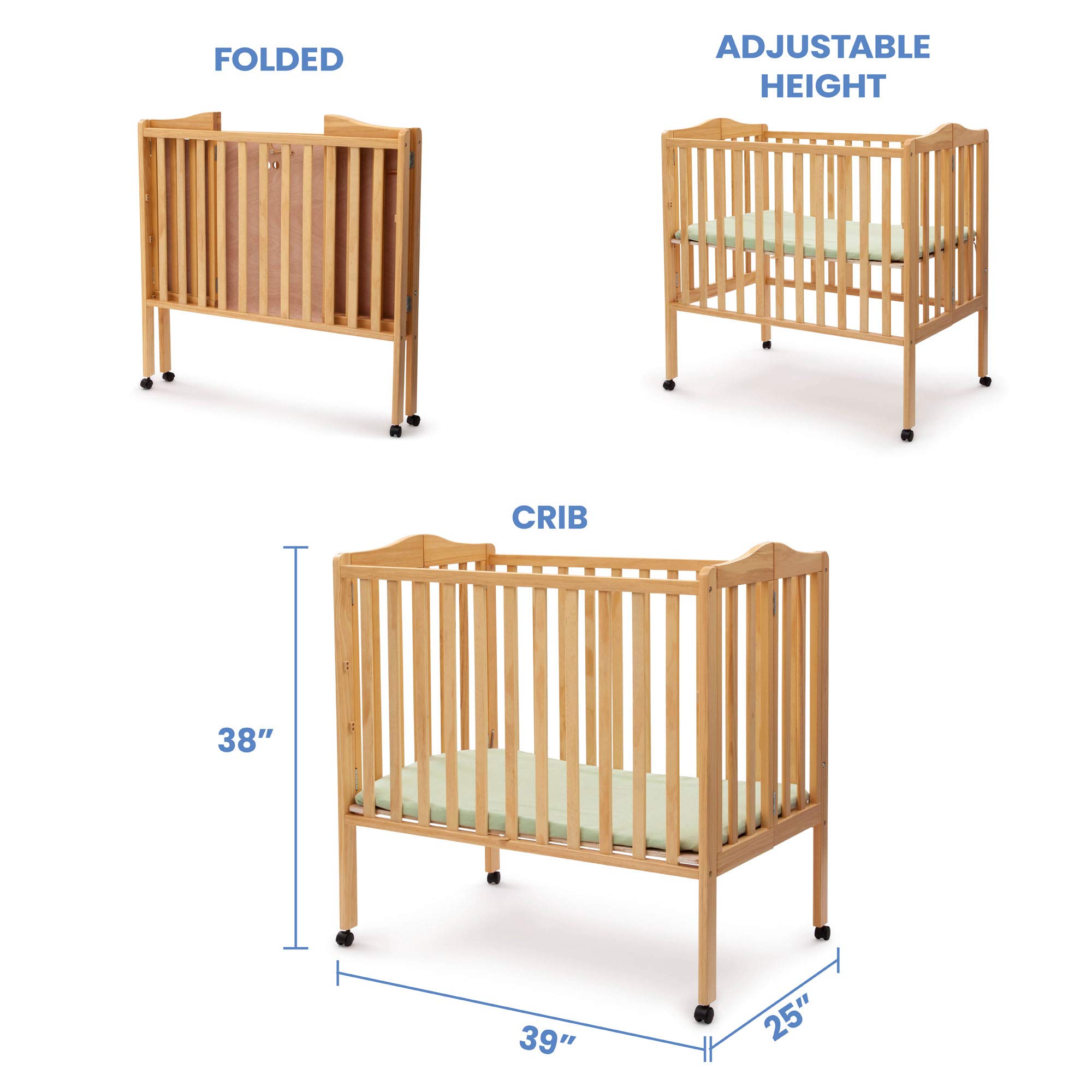Delta Children Folding Portable Mini Baby Crib with 1.5-inch Mattress - Greenguard Gold Certified, Natural - Perfect for Travel, Nursery & Small Spaces