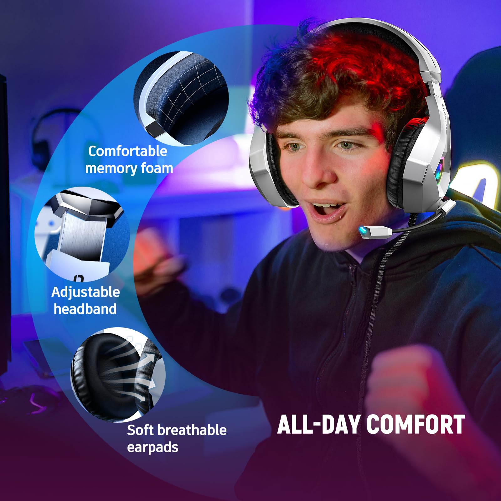 Ozeino Gaming Headset for PC, PS4, PS5, Xbox Series X/S - Stereo Headphones with Noise Cancelling Mic, Memory Foam Earmuffs & LED Lights | Compatible with Switch, Laptop, Mac & Phone | Perfect for Online Gaming, Streaming & Virtual Meetings