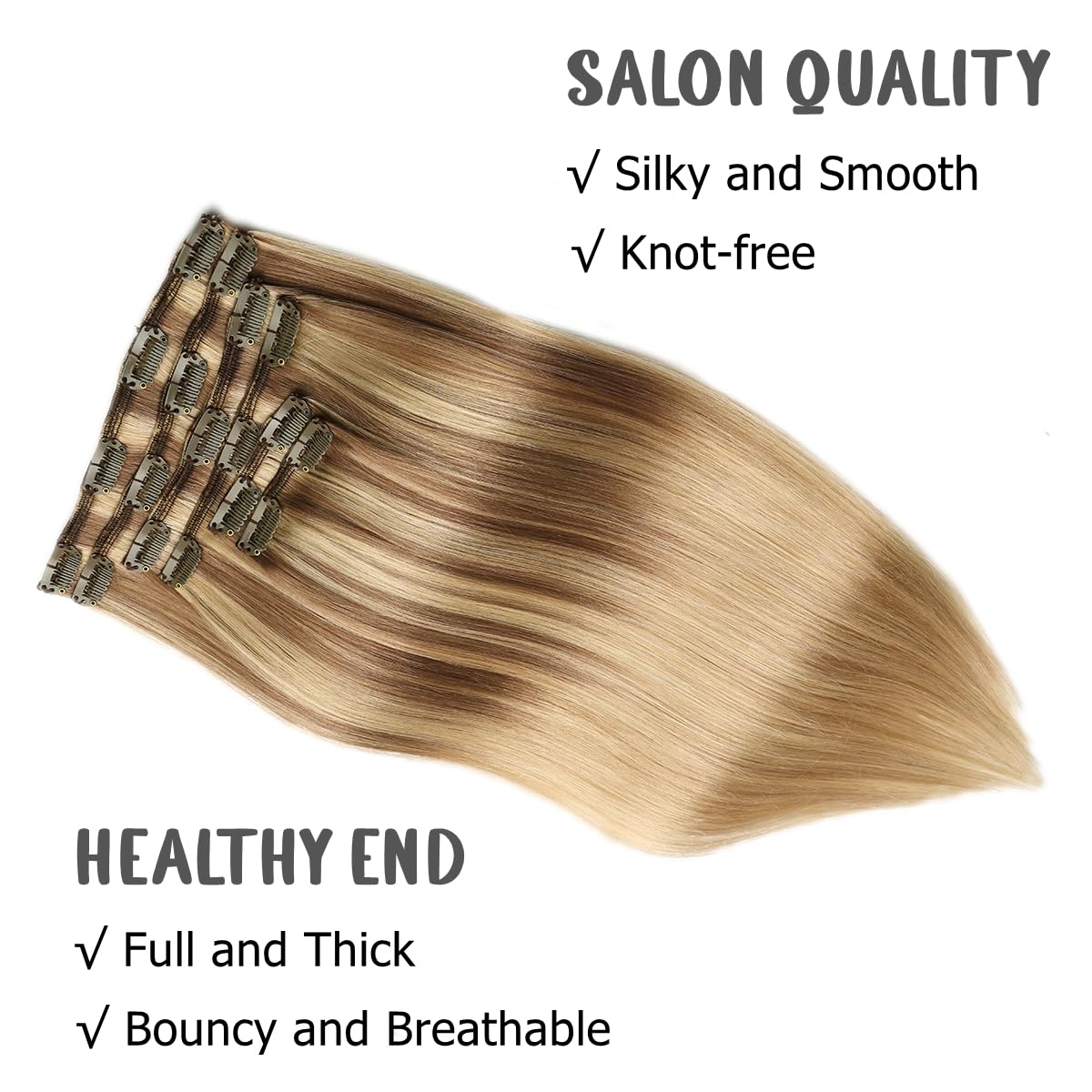 VINBAO 18 Inch Clip in Human Hair Extensions - 6pcs 120g Remy Human Hair with Balayage Ash Brown to Caramel Blonde (#10/16/16) - Perfect for Volume, Length & Styling for Parties, Weddings & Daily Wear