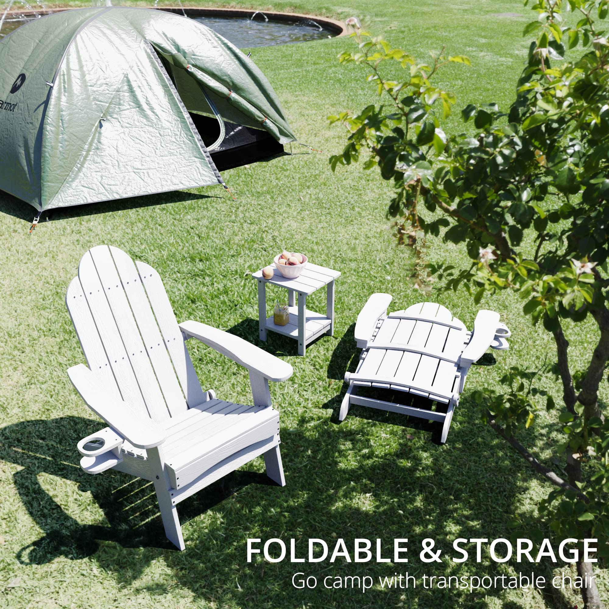 LUE BONA 6-Piece Folding Adirondack Chair Set - White Weather-Resistant HDPS Plastic Outdoor Patio Chairs with Cup Holders - Perfect for Backyard, Poolside, Camping & Fire Pit Gatherings