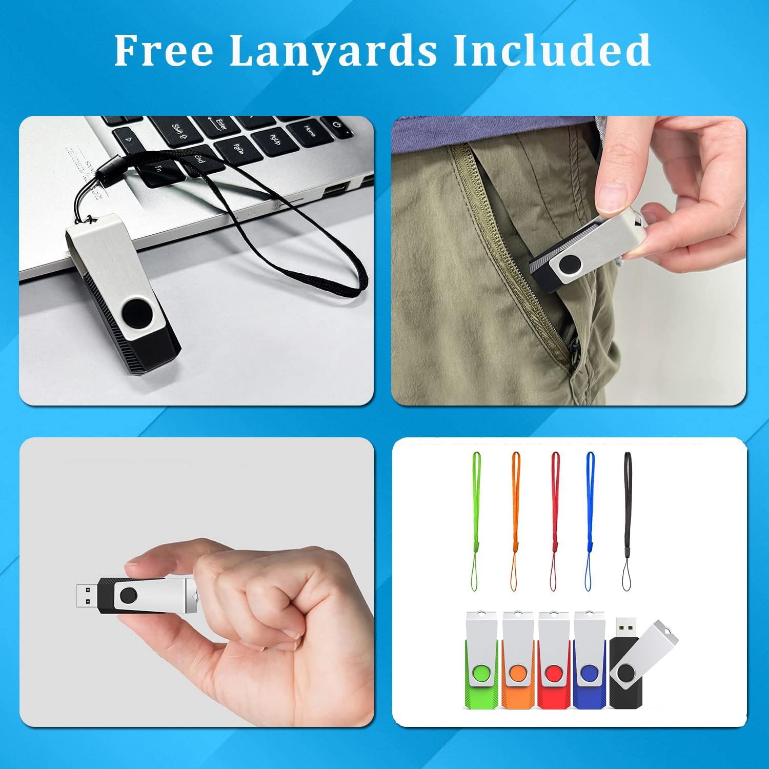 8GB USB Flash Drives 20-Pack - Swivel Lanyard Thumb Drives for Office & School
