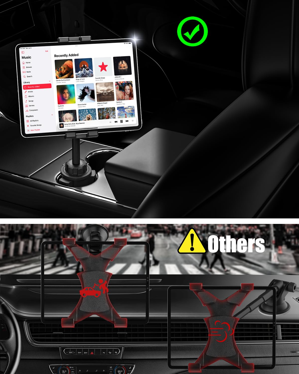 Car Cup Tablet Holder - Adjustable Metal Mount for iPad, Galaxy, Kindle (4-13