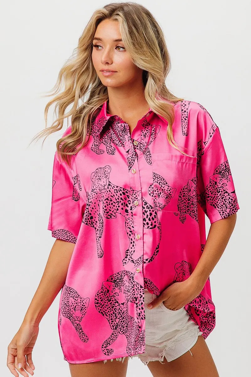 BiBi Leopard Print Short Sleeve Silky Satin Shirt Top for Women - Fashion Blouse for Casual Wear, Night Out & Office Outfits