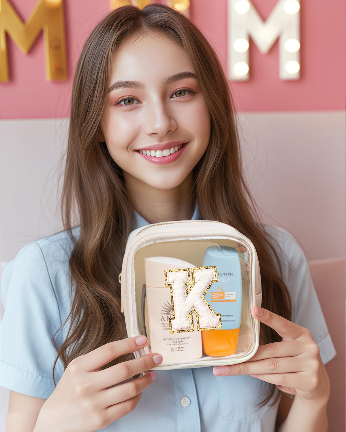 KOTORA Clear Makeup Bag for Women - Personalized Initial Cosmetic Pouch, Cute Travel Toiletry Organizer for Makeup Brushes & Beauty Essentials - Perfect Gift for Her