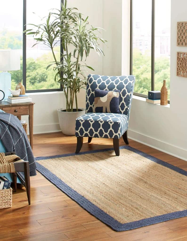 Navy Blue Jute Handwoven Rug - Eco-Friendly Natural Rectangle Rug 8x8 Ft by KULDEEP HANDICRAFTS | Perfect for Living Room, Bedroom & Boho Home Decor