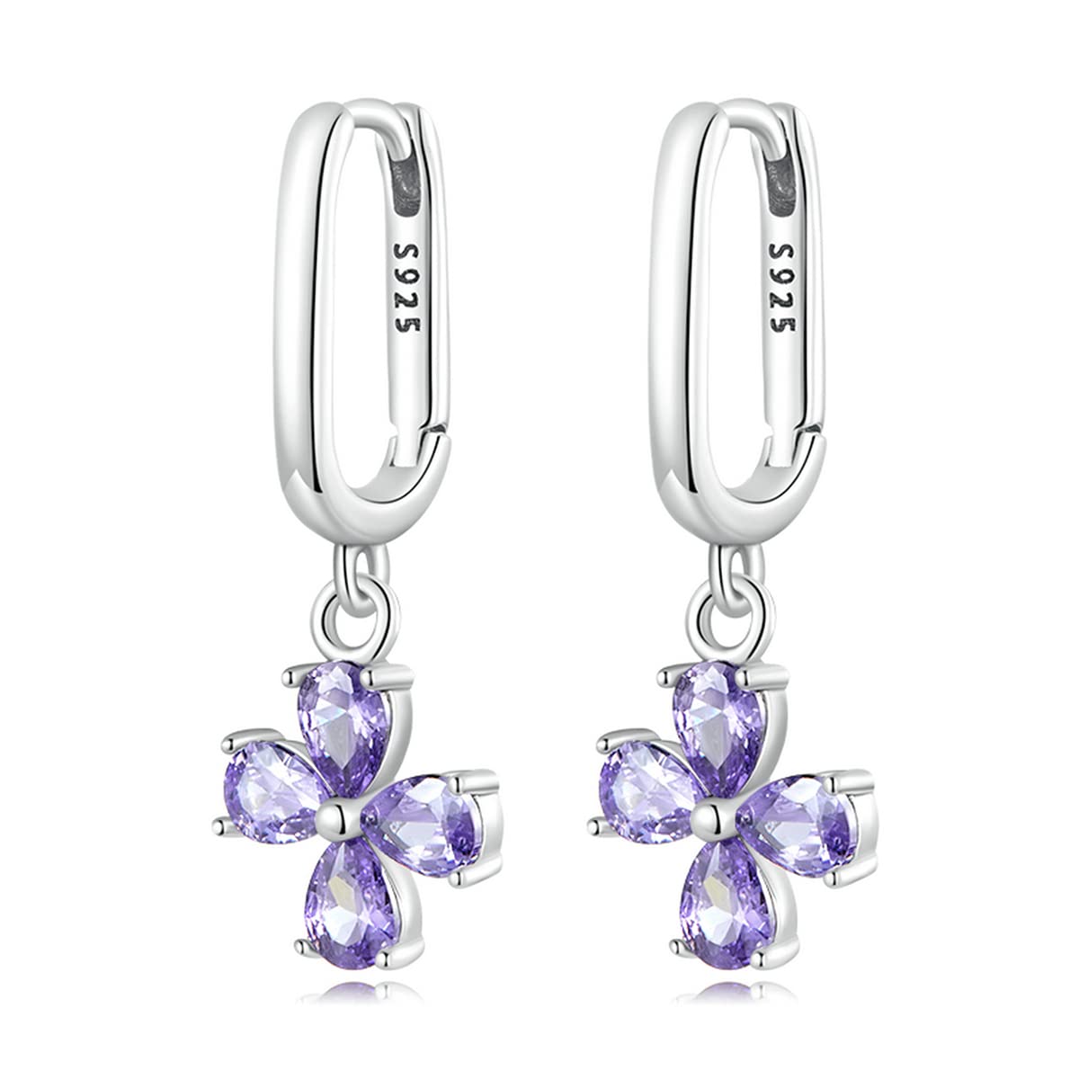 BISAER 925 Sterling Silver Purple Flower Stud Earrings with Crystal CZ Accents - Elegant Hoop & Dangle Drop Earrings for Women | Perfect for Parties, Weddings & Everyday Wear