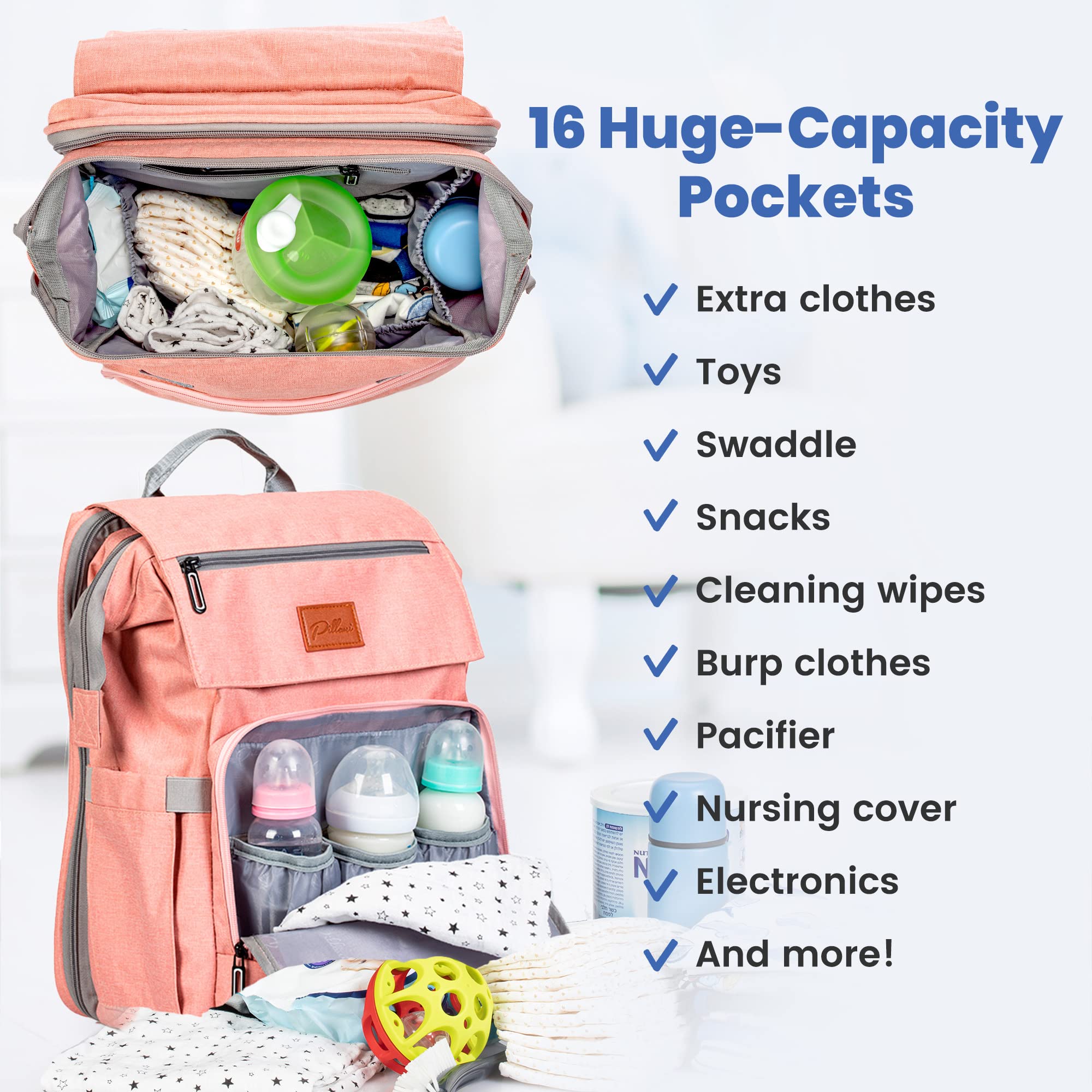 PILLANI Baby Diaper Backpack - Large Waterproof Diaper Bag for Boys & Girls with Insulated Bottle Pocket, Changing Pad & Stroller Straps - Perfect Baby Shower Gift & Registry Essential for New Parents (Ideal for Travel, Daycare & Outings)