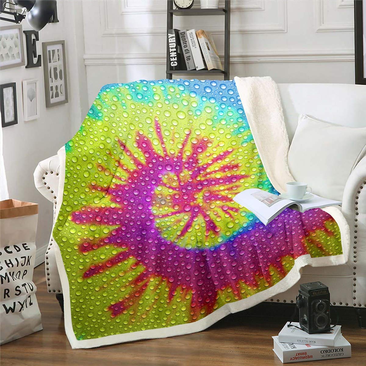 Boho Psychedelic Sherpa Fleece Throw Blanket - 60x80 Inch Purple Green Tie Dye Plush Blanket for Kids, Girls, Sofa, Bed & Couch - Water Drop Design Fuzzy Blanket for Cozy Home Decor, Camping & Gift Giving