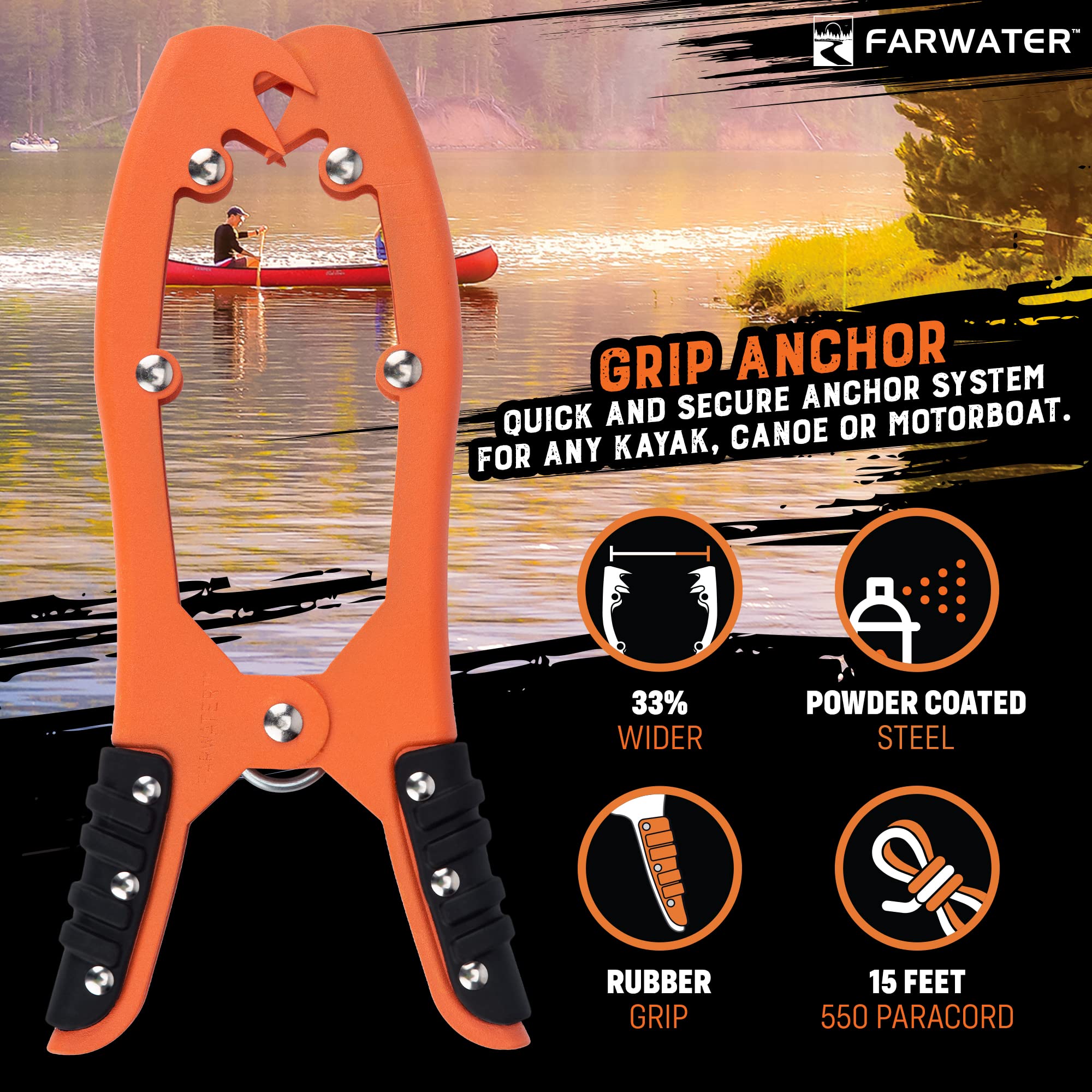 Heavy Duty Canoe Anchor Grip - Premium Boat, Kayak & Float Tube Fishing Accessories - Brush Clamp Anchor with Teeth - 15ft Paracord & Rubber Grips - Coated Steel for Durability - Perfect for Kayaking, Canoeing & Fishing in Lakes, Rivers & Coastal Waters