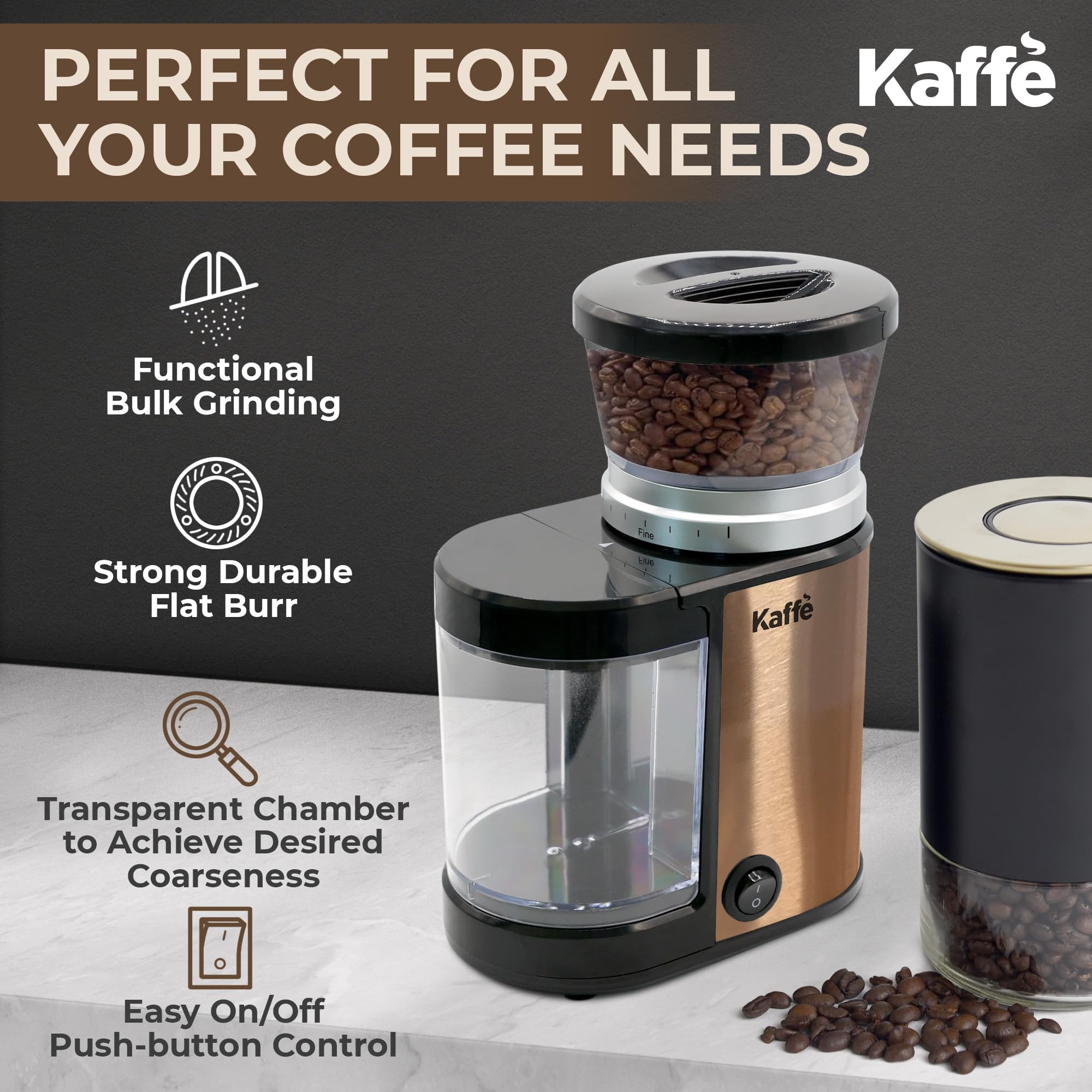 Premium Kaffe Electric Burr Coffee Grinder - 5.5oz Capacity with Adjustable Coarseness Settings - Flat Burr Design & Upgraded Motor - Perfect for Espresso, French Press & Drip Coffee - Ideal Home Coffee Bean Grinder in Copper Finish