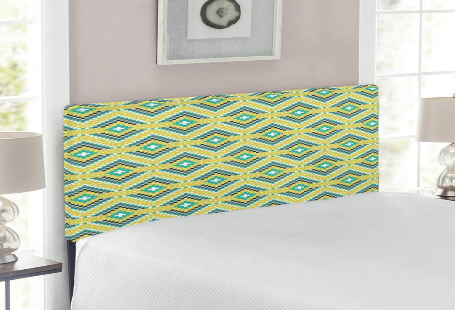 Ambesonne Aztec Headboard - Geometric Mosaic Tiles & Dots Pattern Upholstered Metal Bed Frame with Memory Foam | Full Size Multicolor Decorative Headboard for Bedroom & Guest Room Decor