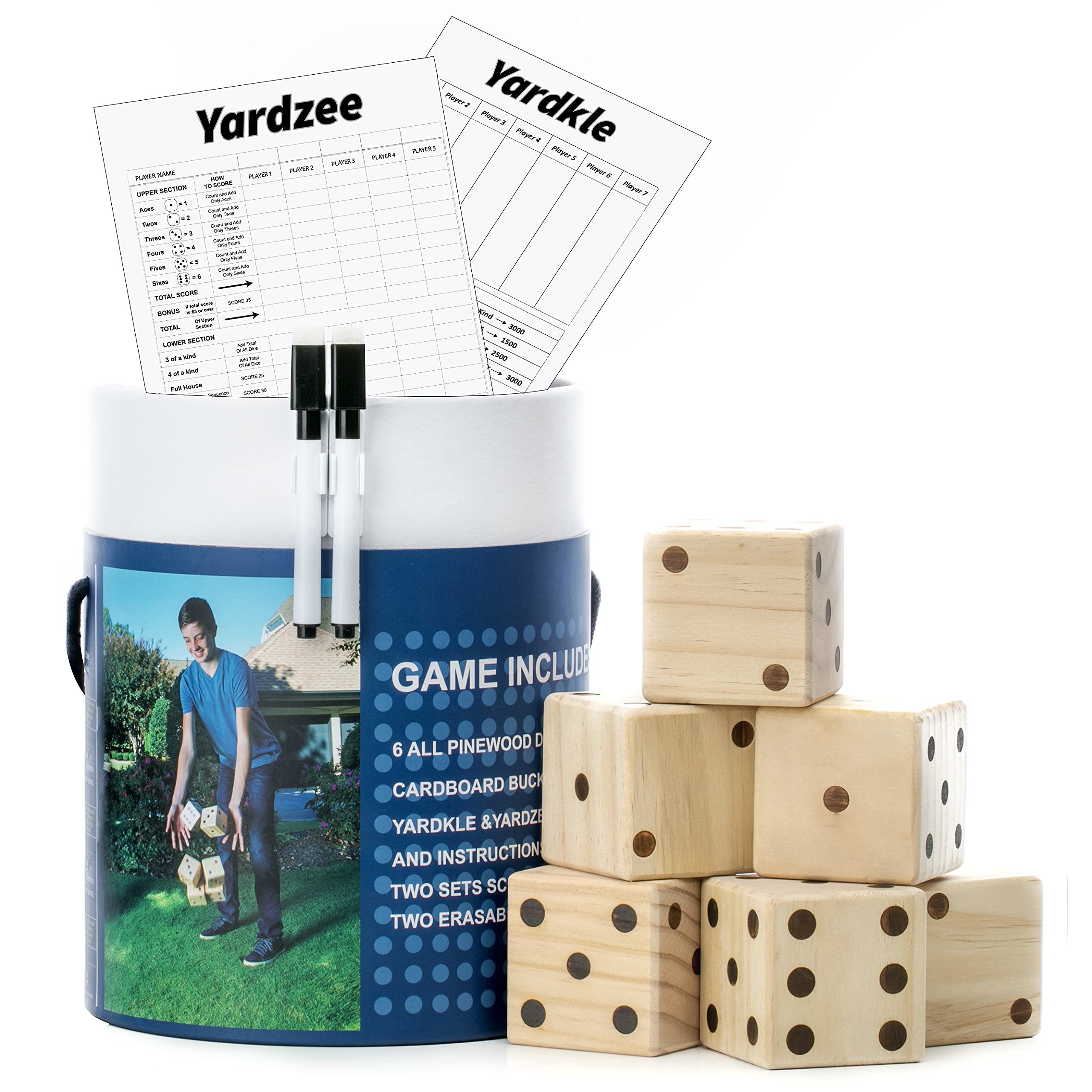 Large Wooden Yard Dice Set of 6 with Two Games & Cardboard Bucket for Outdoor Parties, Family Gatherings, and Backyard Fun