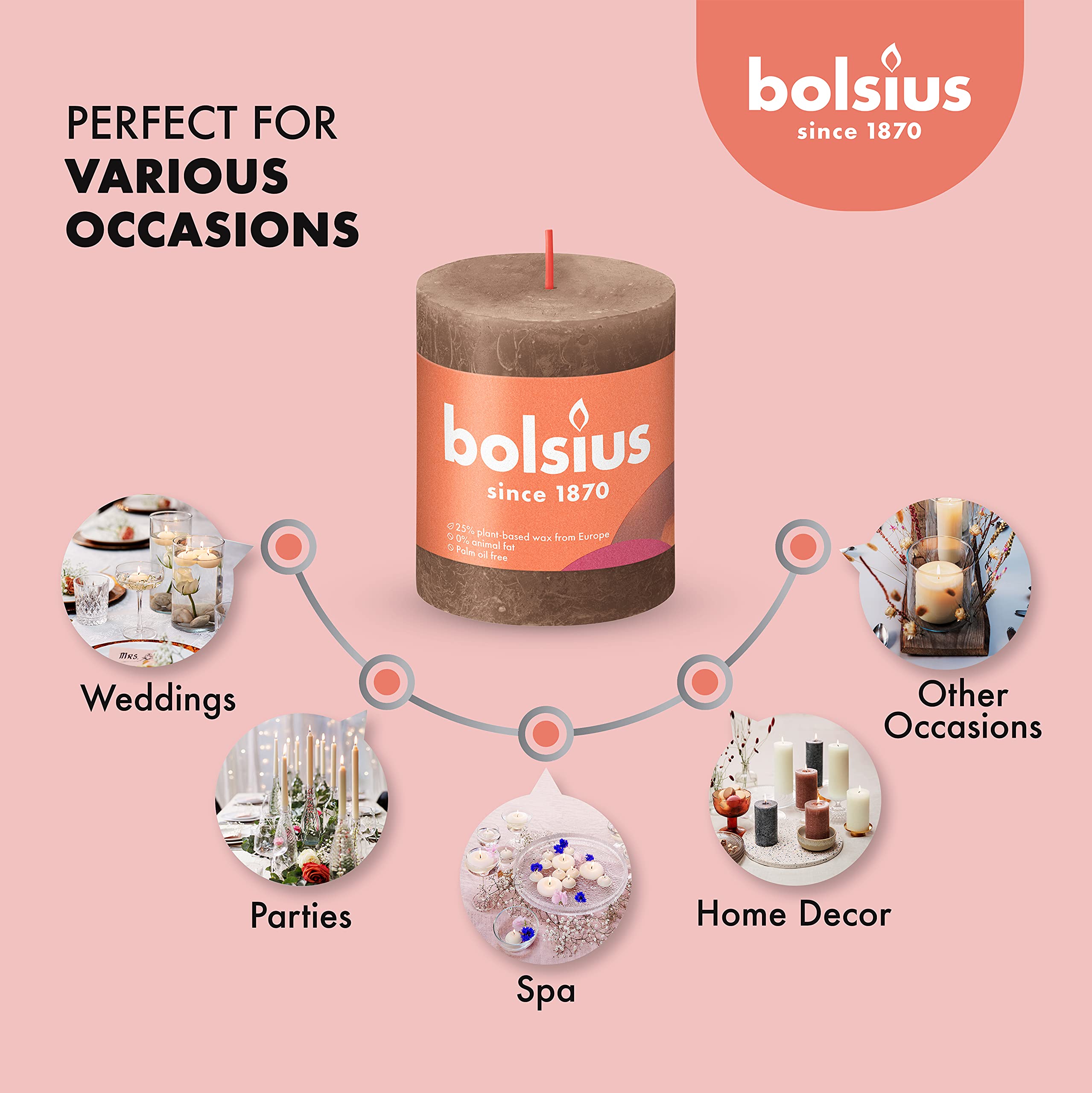 BOLSIUS 4 Pack Suede Brown Rustic Pillar Candles - 2.75
