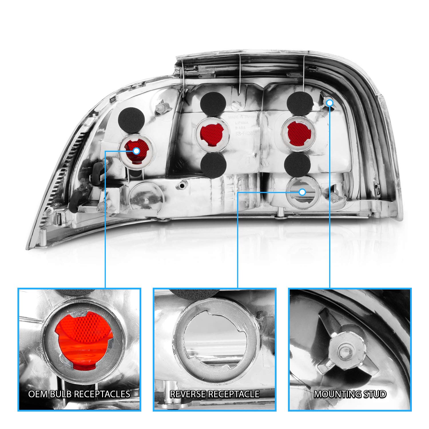 1994-1998 Ford Mustang Clear Chrome Taillights Replacement Set - Pair for Passenger & Driver Side | Enhances Visibility & Style for Night Driving & Car Shows
