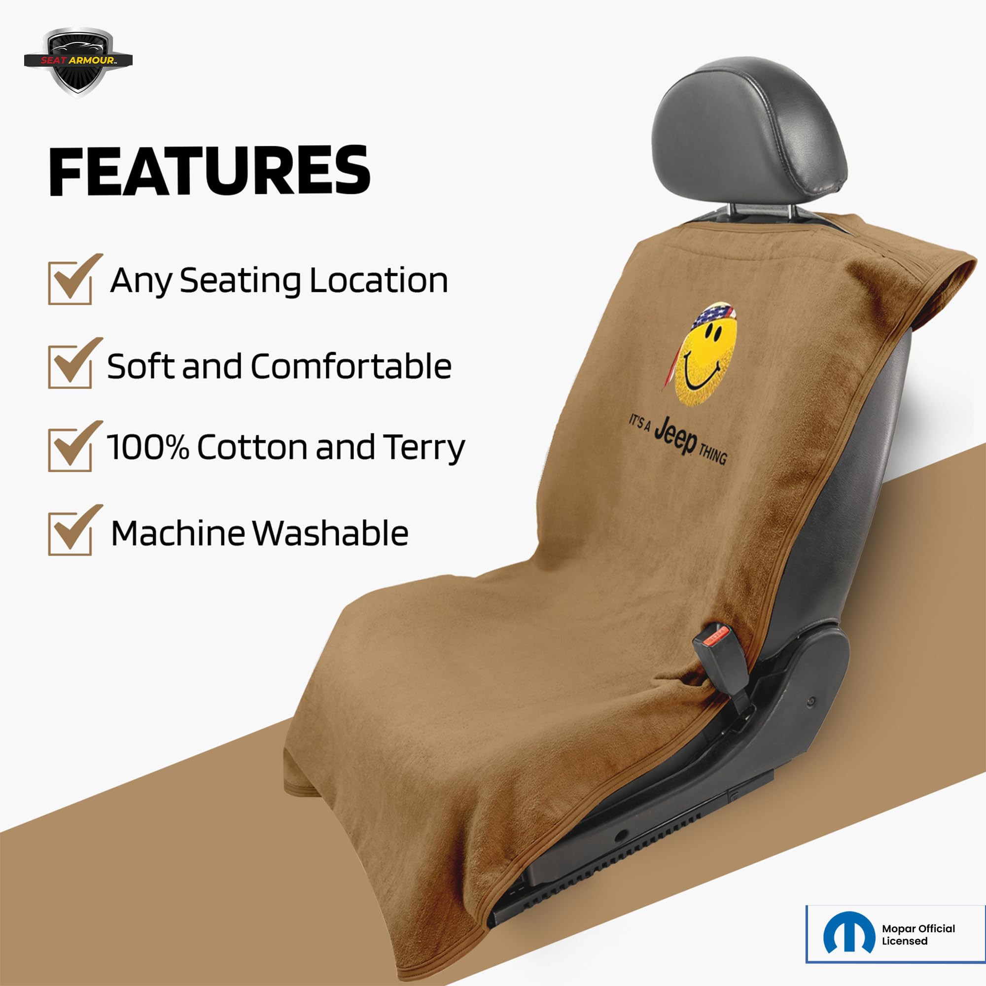 Jeep Smiley Face Seat Protector Towel - Soft Machine Washable Car Seat Cover - Easy to Install Multipurpose Seat Towel for Jeep Wrangler & SUVs - Tan - Perfect for Off-Roading, Camping & Daily Commute