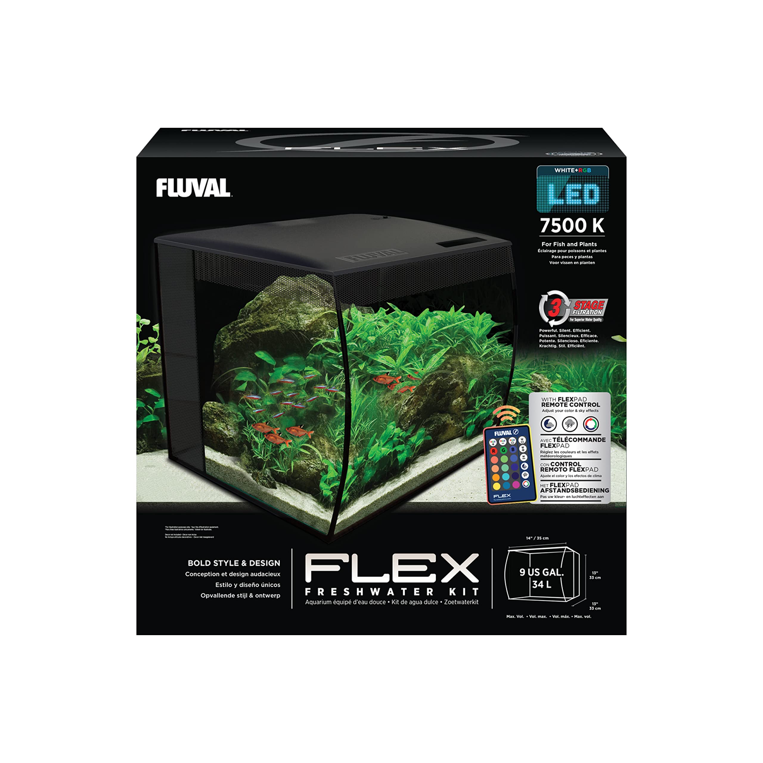 Fluval Flex 9 Gallon Aquarium Kit - 34L Fish Tank with LED Lights & Filtration System for Freshwater Fish & Live Plants (36