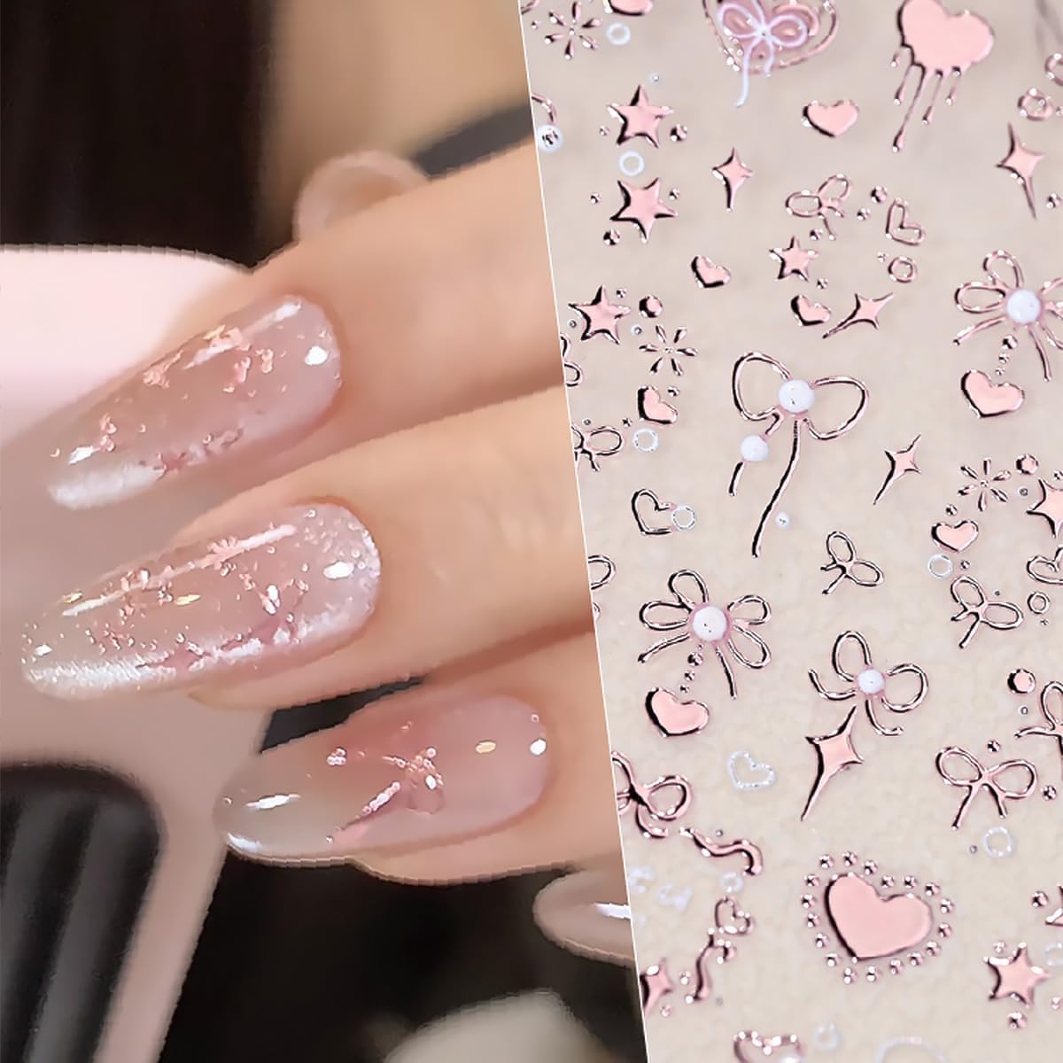 5D Embossed Rose Gold Heart Nail Art Stickers - Self-Adhesive Valentine's Day Nail Decals with Cute Bow Design for Women | Perfect for Manicure, Nail Salon, Bridal Party & Valentine's Gift