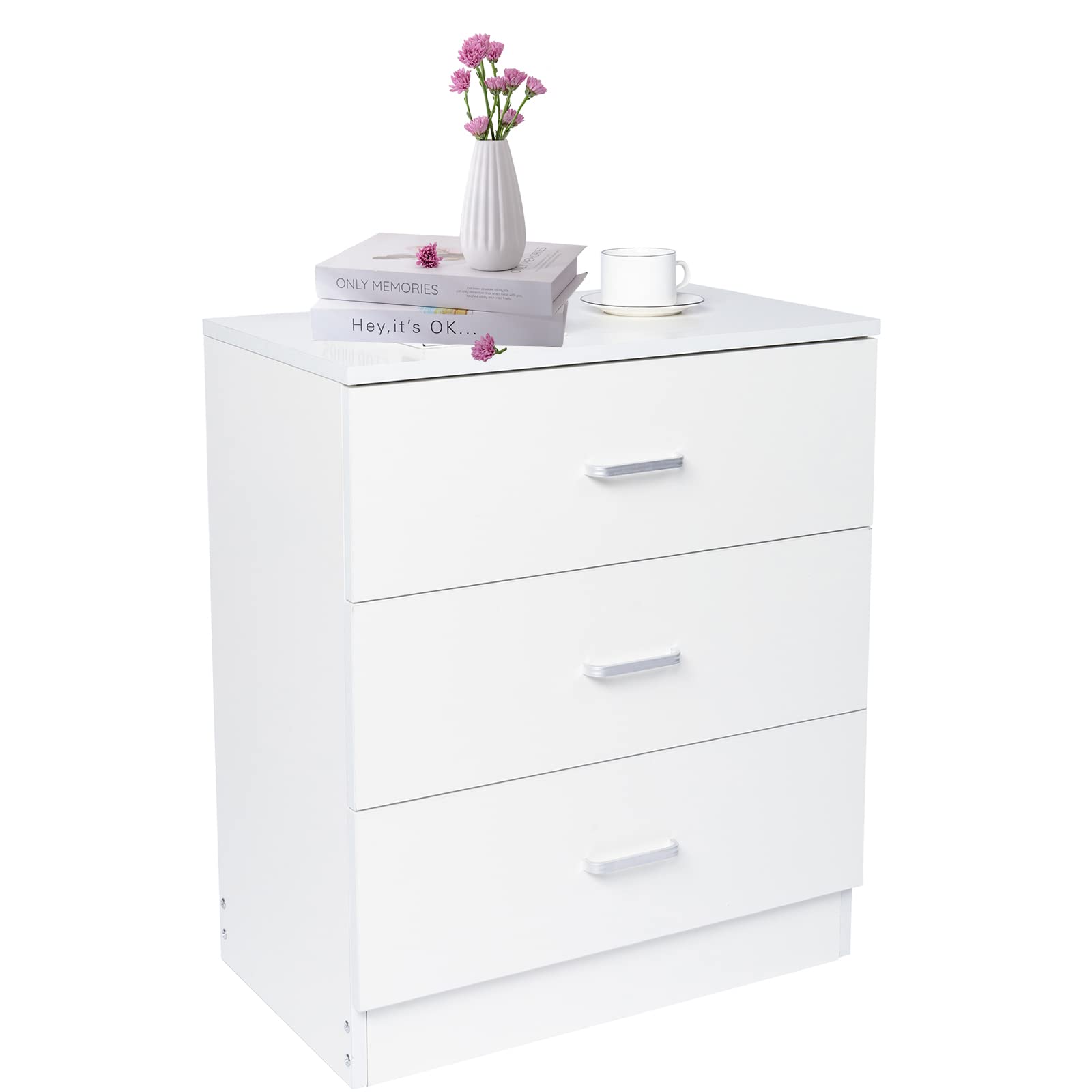 White 3-Drawer Dresser Nightstand - Modern Bedside Storage Chest for Bedroom, Living Room, Nursery | Compact End Table with Ample Storage Space for Clothes, Books & Essentials