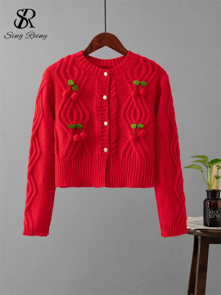 3D Cherry Print O-Neck Long Sleeve Pearl Button Knit Sweater for Women - Cozy Winter Pullover for Casual Wear & Office Outfits
