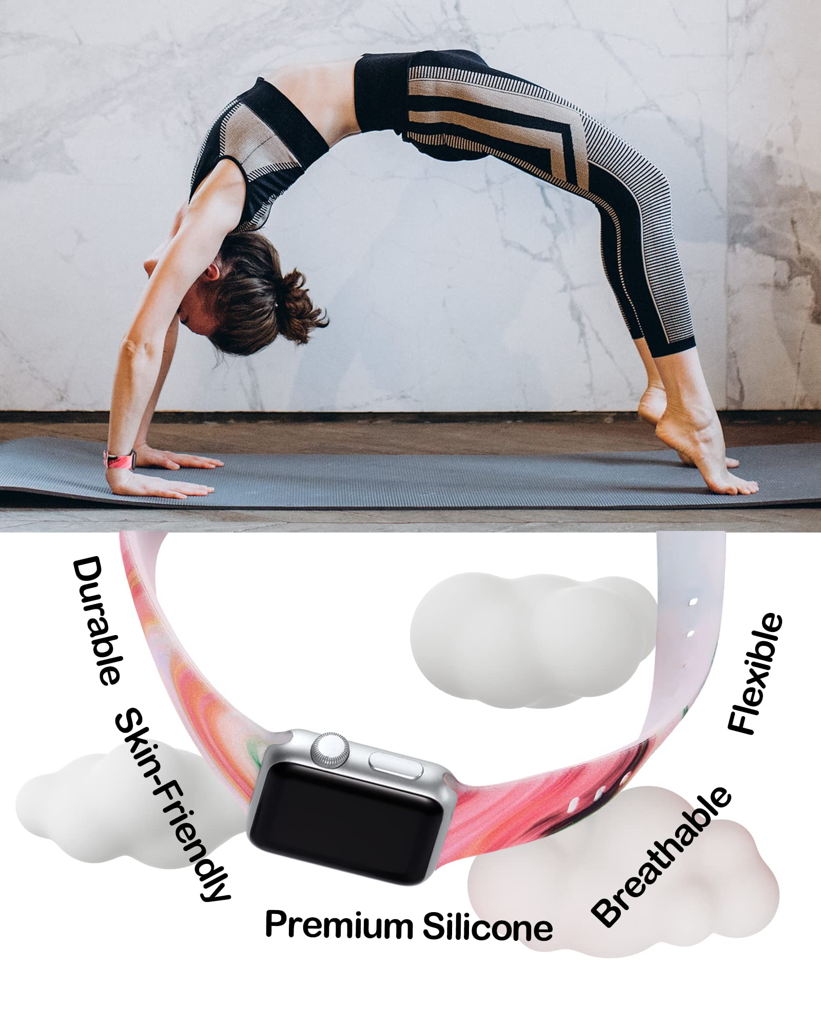 Witzon Cute Transparent Silicone Apple Watch Bands for Women - Soft Sport Strap Replacement Compatible with iWatch Series 7/6/5/4/3/2/1/SE (38mm 40mm 42mm 44mm 45mm) - Pink Blue Marble Design for Gym, Running & Everyday Wear