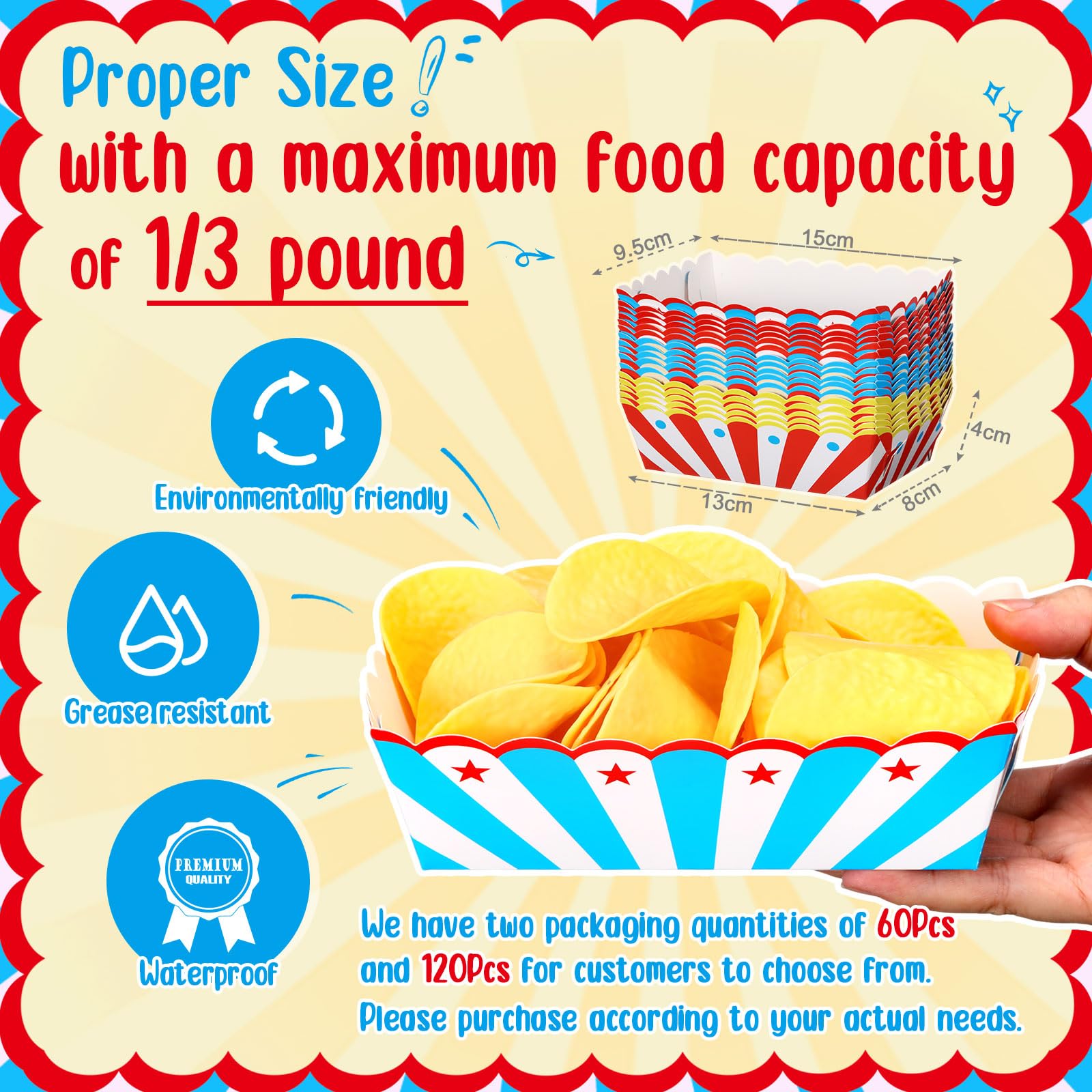 Honeydak 60 Pcs Disposable Carnival Food Trays - Eco-Friendly Paper Boats & Hot Dog Boxes for Circus, Birthday Party, BBQ, Picnic, and Outdoor Events - Bulk Party Supplies & Decorations