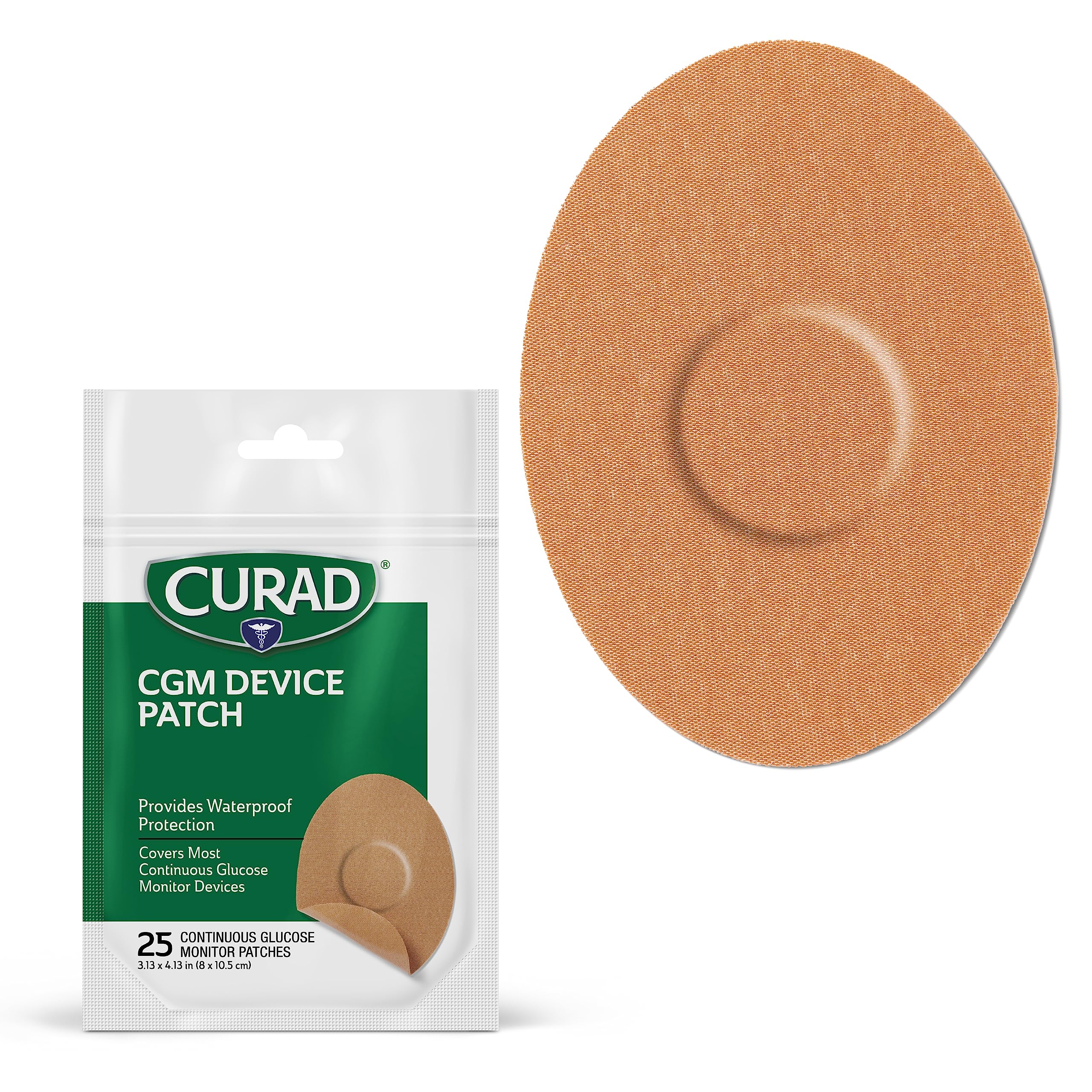 Curad Tan CGM Patches (25-Count) - Waterproof Glucose Monitor Cover for Active Lifestyles