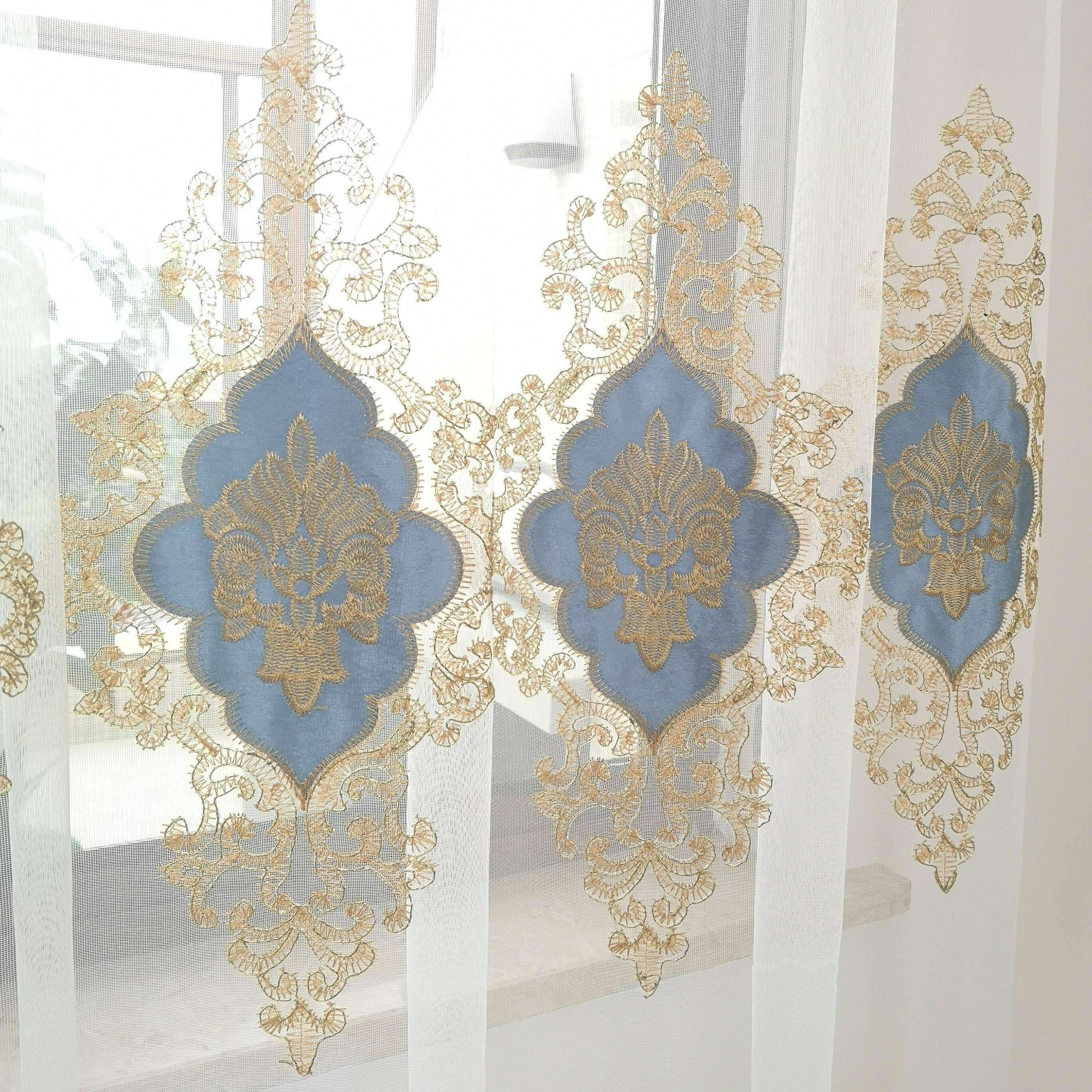 Brittany Velvet Embroidered White Sheer Blue Curtains - Elegant Window Treatments for Living Room & Bedroom Decor