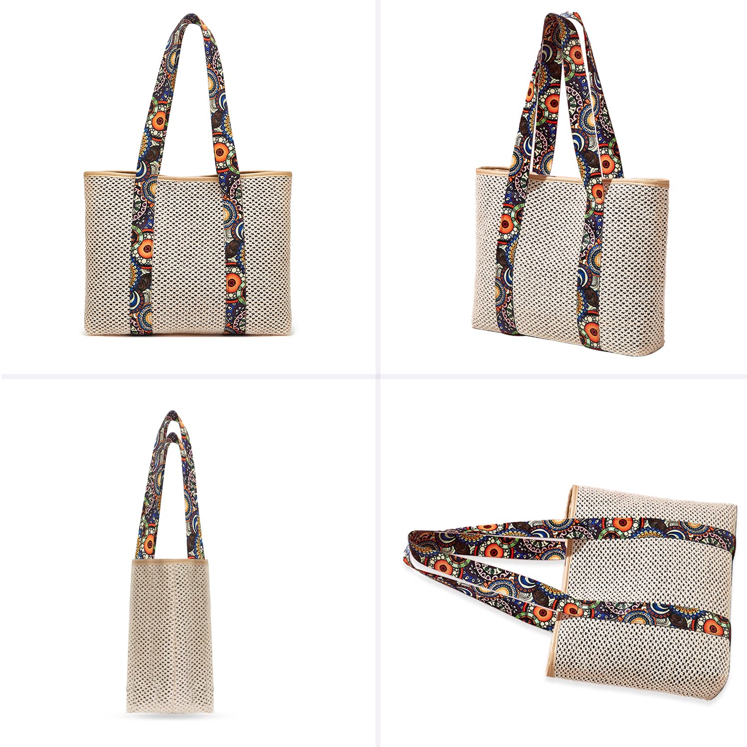 Stylish Straw Beach Bag for Women - Handmade Woven Rattan Tote with Canvas Shoulder Strap | Perfect for Vacation, Summer Outings & Poolside Relaxation