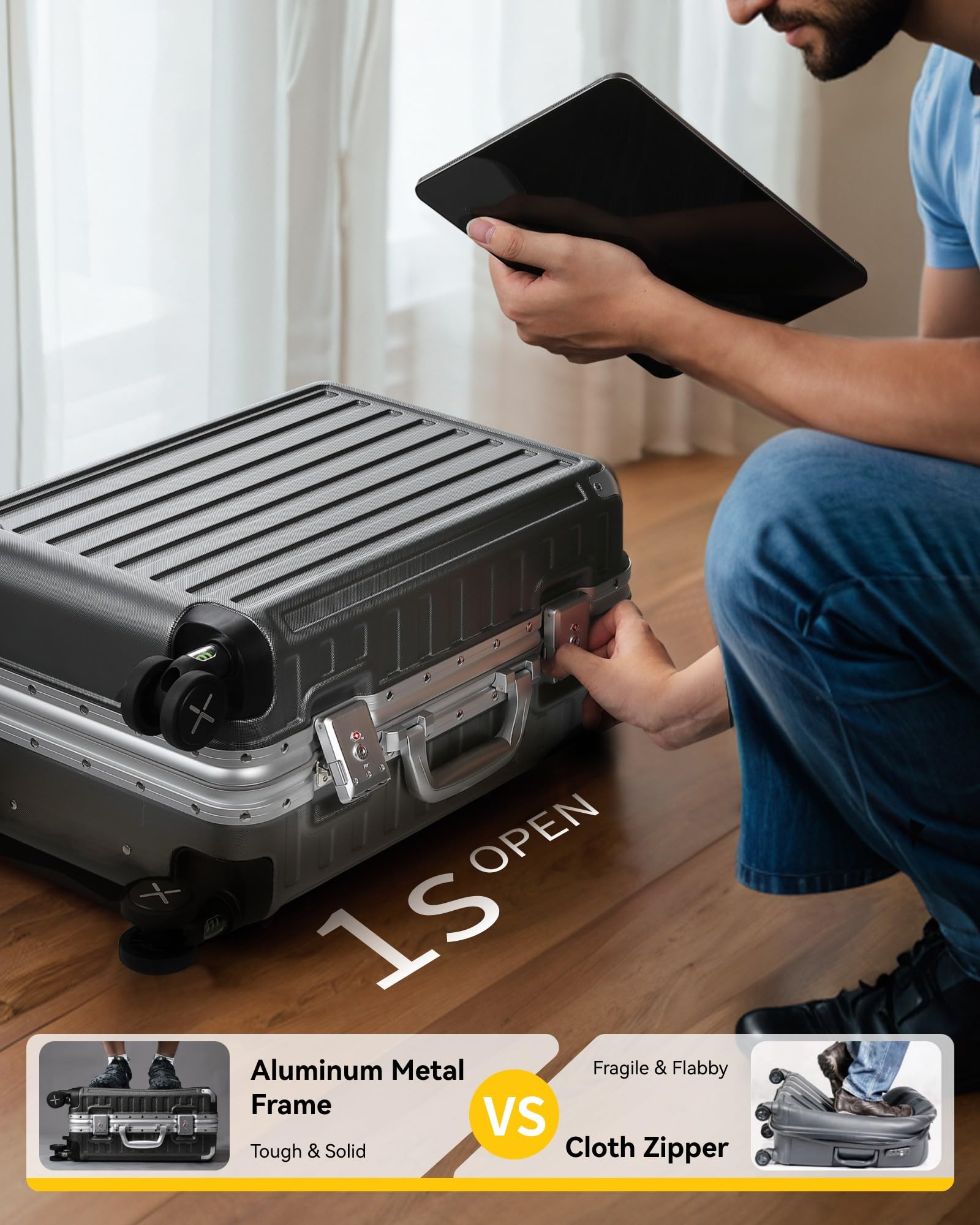 LUGGEX 20 Inch Zipperless Spinner Luggage - Lightweight Polycarbonate Aluminum Hard Shell Carry On Suitcase for Travel (Silver Grey) | Perfect for Business Trips & Weekend Getaways