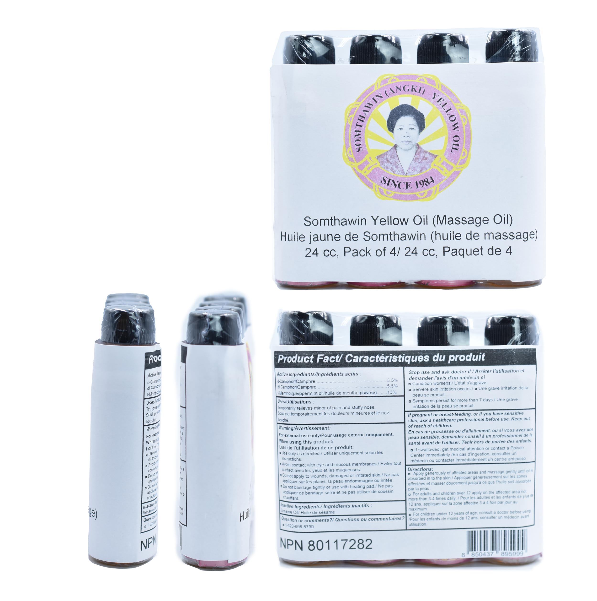 4 Pack Angki Somthawin Hotel Spa Natural Thai Aroma Herb Yellow Oil 24cc - 100% Pure Essential Oil from Thailand for Massage, Aromatherapy & Relaxation