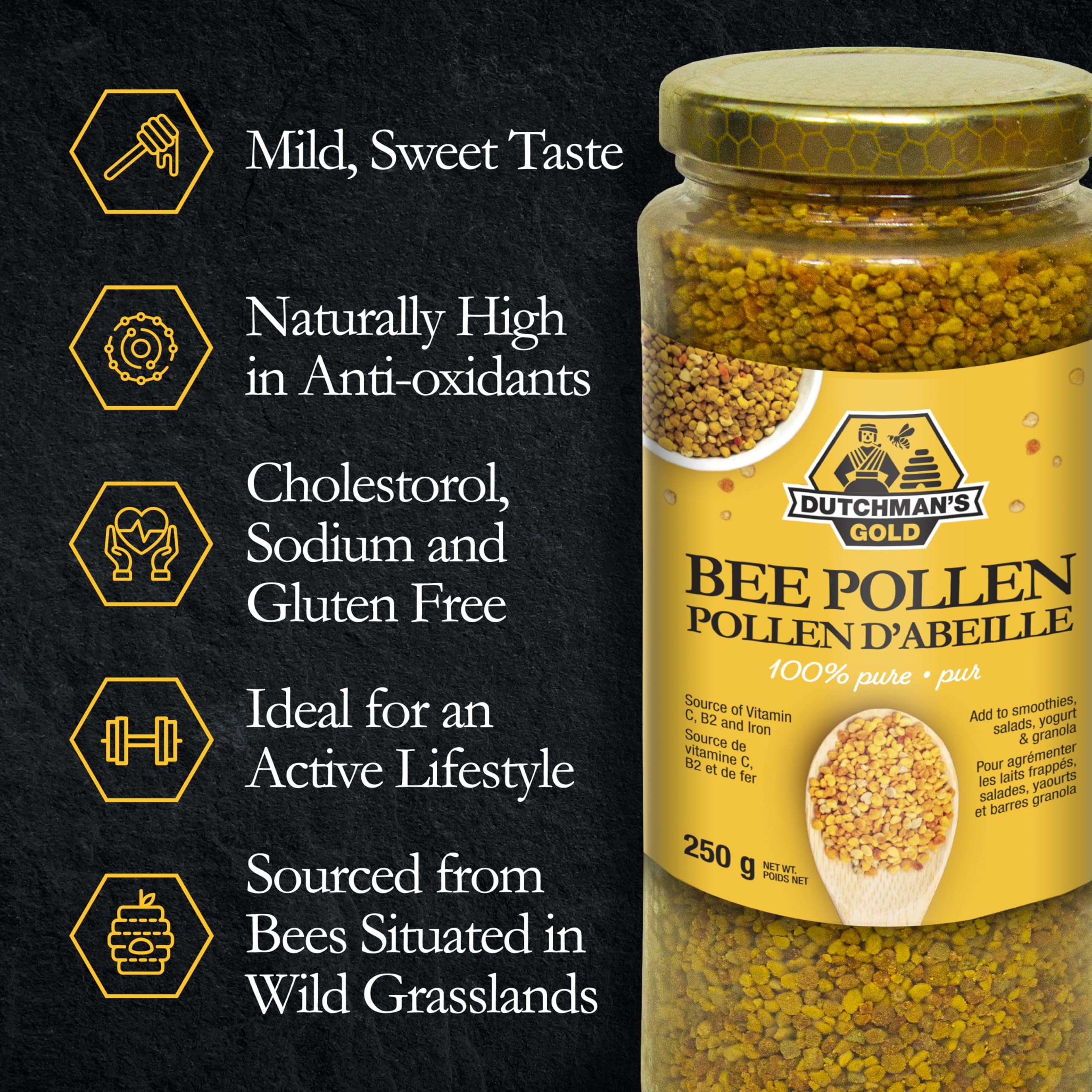 Dutchman's Gold Bee Pollen Granules (250g) - 100% Pure Dried Pollen Superfood - Rich in Vitamins, Minerals & Protein - Raw Unprocessed Natural Supplement - Boost Energy & Immunity - Perfect for Smoothies, Yogurt & Healthy Snacks