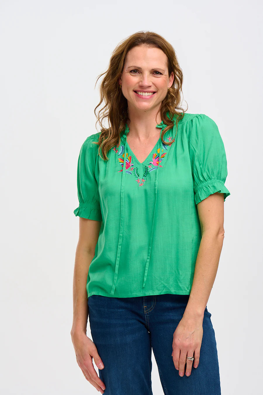 Angelique Top with Green Rainbow Parrots Embroidery - Women's Floral Embroidered Blouse for Summer, Beach & Boho Style Outfits