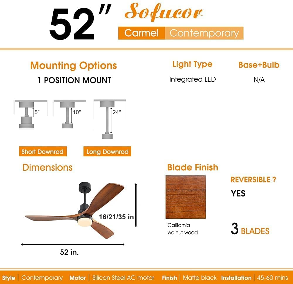 Sofucor 52 Inch Indoor Outdoor Ceiling Fan with Light Kit and Remote Control - 3 Speed Reversible Quiet DC Motor, 3 Walnut Wood Blades - Perfect for Bedroom, Living Room, Patio and Covered Porch
