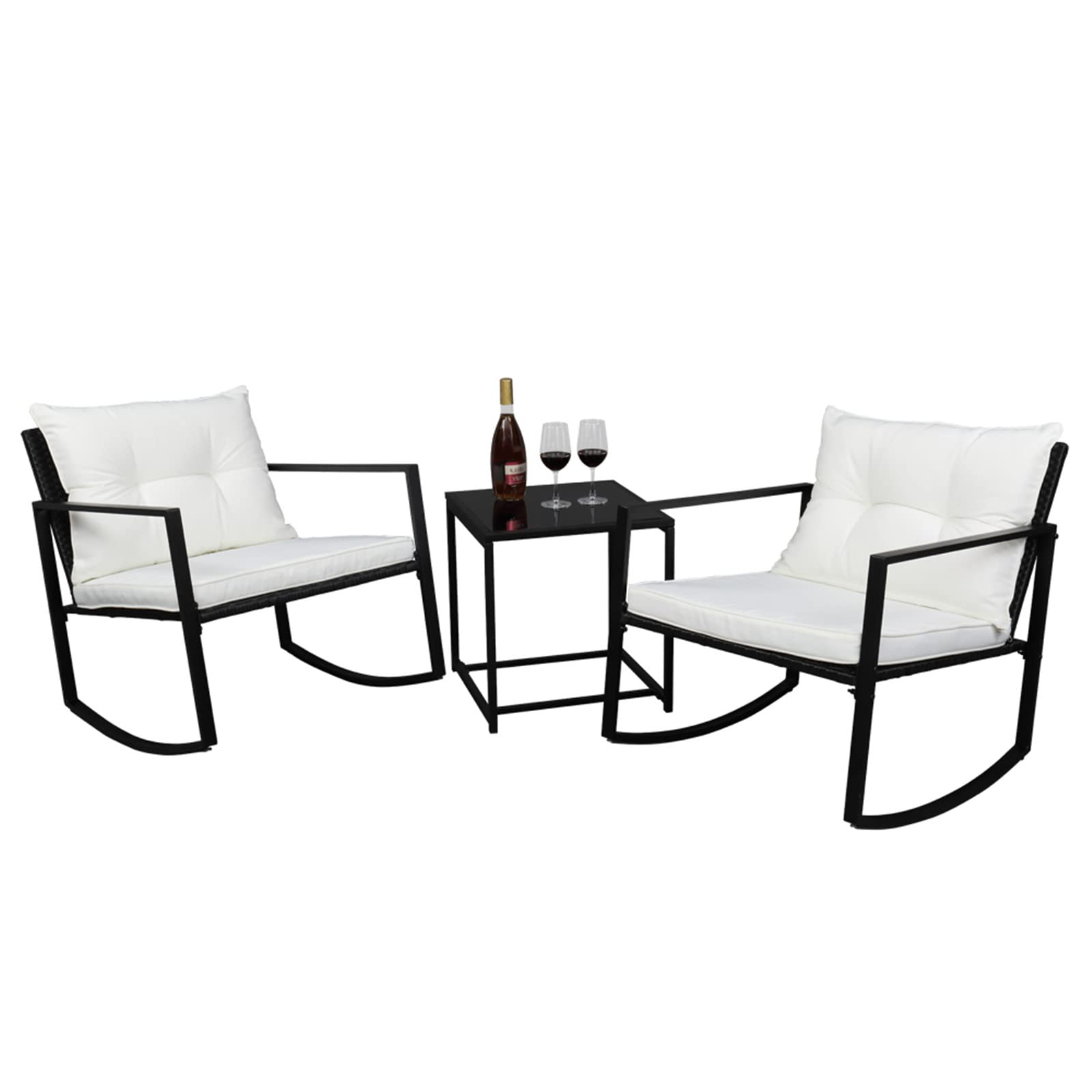 Modern 2-Piece Coffee Table & Rocking Chair Set - Black Rattan Bistro Furniture for Patio, Garden, or Living Room Conversation Area