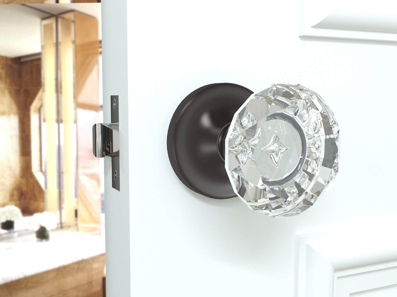 (7 Pack) Dark Grey Diamond Round Brilliant Crystal Door Knobs with Round Rosette - Elegant & Secure Privacy Hardware for Bedroom, Bathroom, and Office Doors