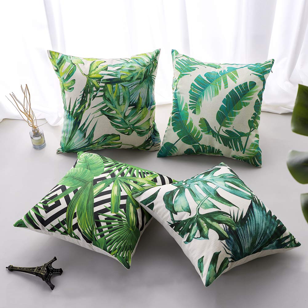 JOTOM 4-Pack Linen Polyester Blend Pillow Covers 45x45cm - Tropical Plant Print Decorative Cushion Covers for Sofa, Car, Bed, Chair - Home Decor & Interior Design Accessories