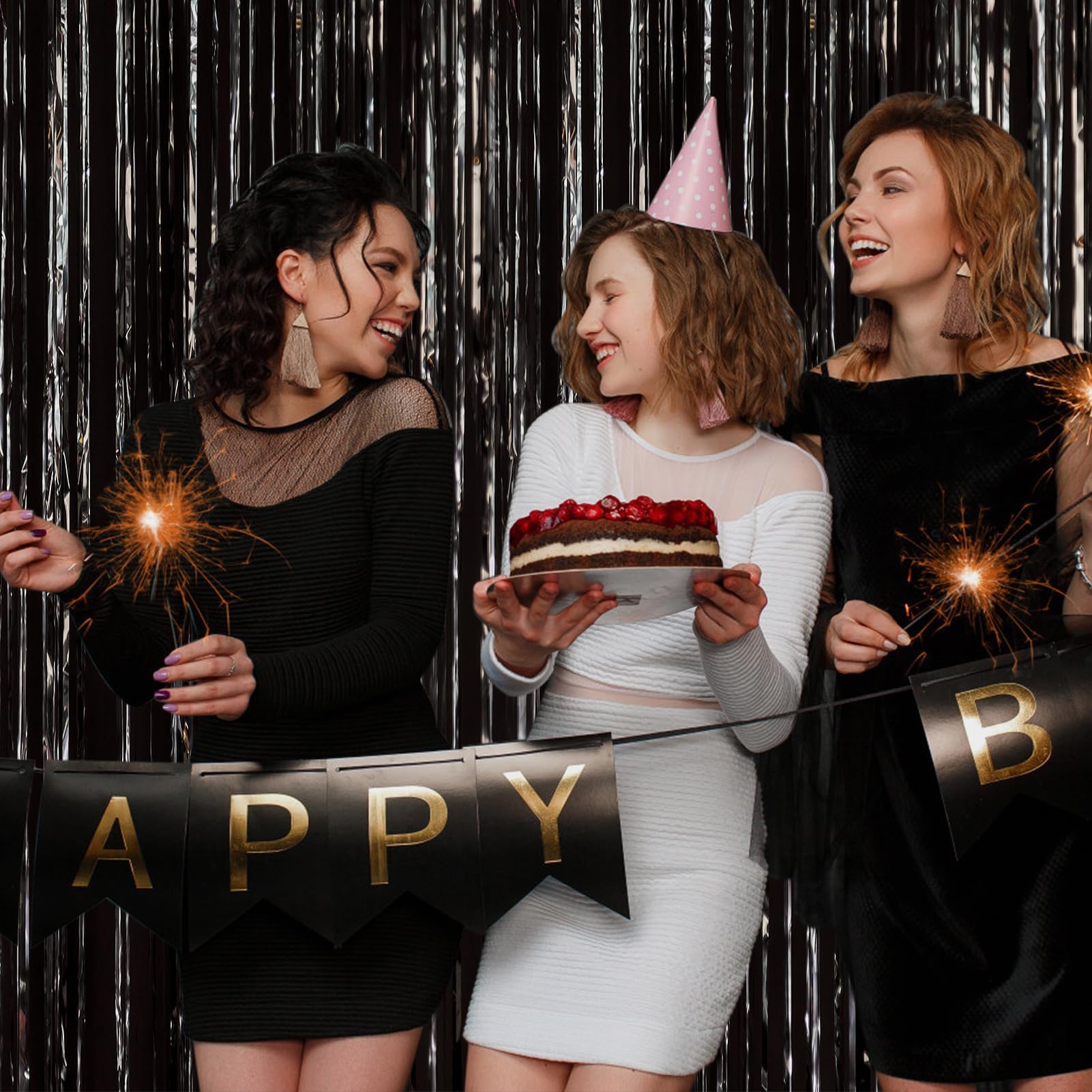 3 Pack Black Halloween Decorations - 3.28 x 9.84 ft Fringe Tinsel Backdrop Curtain for Halloween Party, Birthday, Wedding & Special Events | Spooky Party Supplies, Photo Booth Background, Haunted House Decor
