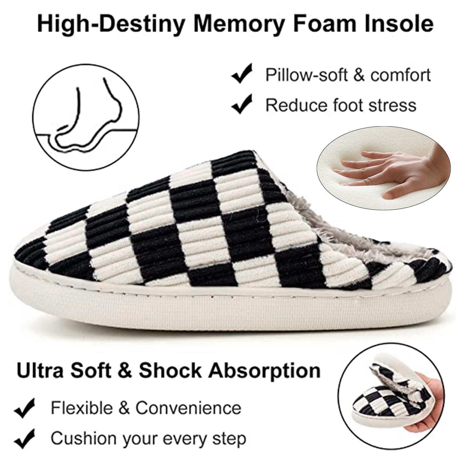 Women's & Men's Fuzzy Memory Foam House Slippers - Plush Faux Fur Lined Indoor/Outdoor Warm Checkered Scuff Slippers for Bedroom, Lounge & Winter Wear (Multiple Sizes) - Cozy Home Comfort & Gift Idea