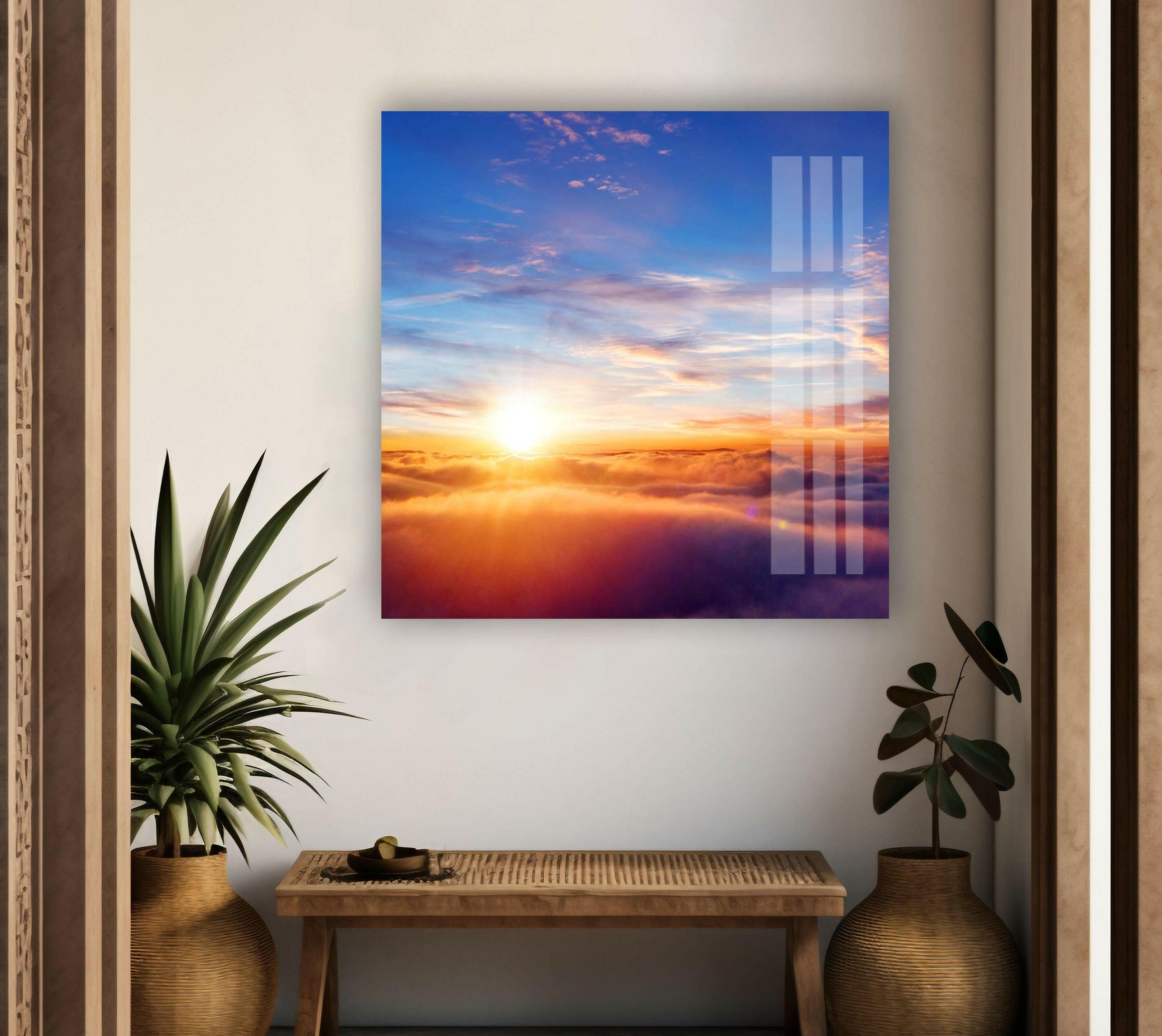 Stunning Sunrise on Glass Wall Art - Above the Clouds Panoramic Landscape Decor for Living Room, Bedroom & Office