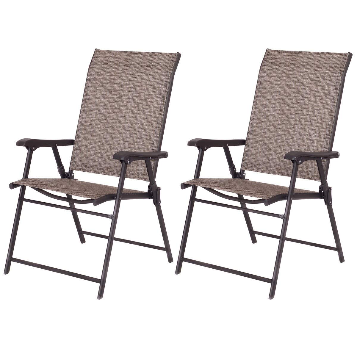 2 Pack Folding Sling Chairs - Modern Brown Patio Furniture with Steel Powder Coated Frame - Perfect for Backyard, Poolside, Camping & Outdoor Relaxation