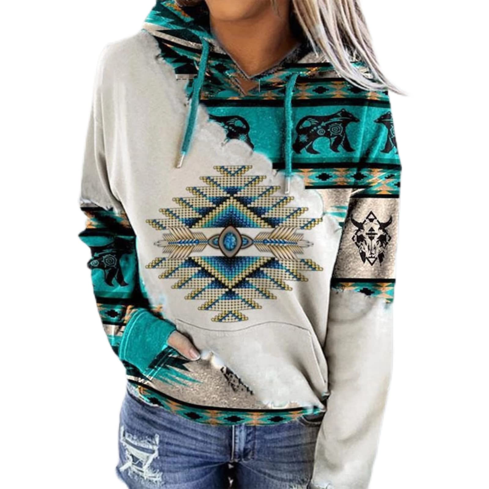 Vintage Aztec Hoodie for Women - Western Pullover Sweatshirt for Fall Fashion