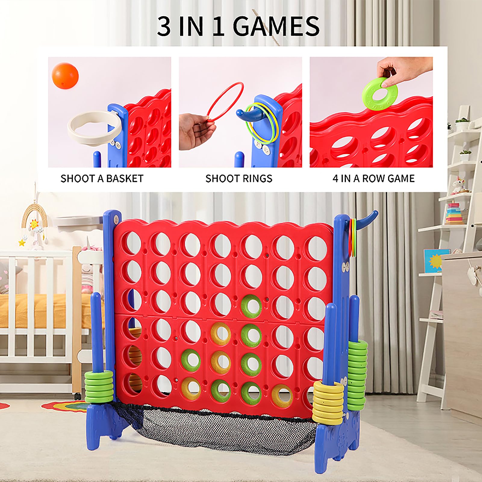 Giant 4-in-a-Row Outdoor Game Set with Carrying Bag & Durable Mesh Fabric - Perfect for Backyard, Beach, Picnics, Family Gatherings & Party Games (Blue & Red)