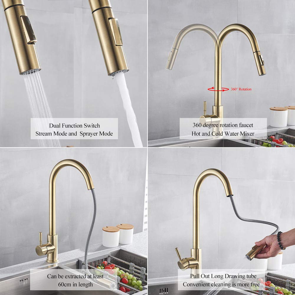 Brushed Gold Pull-Out Sensor Kitchen Faucet - Smart Touch Control, Sensitive Touch Technology, Modern Mixer Tap for Kitchen Sink - Perfect for Cooking, Washing Dishes & Hands-Free Convenience